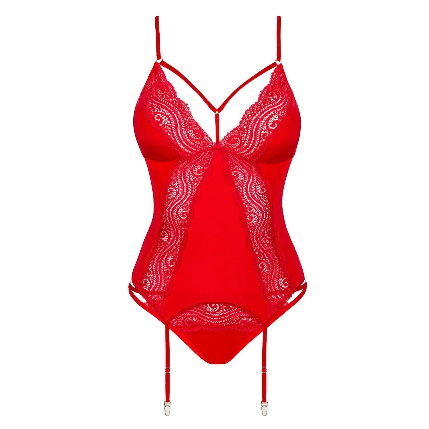 Corset culotte rouge en dentelle avec bretelles ajustables et jarretelles, design élégant et séduisant pour confort optimal.