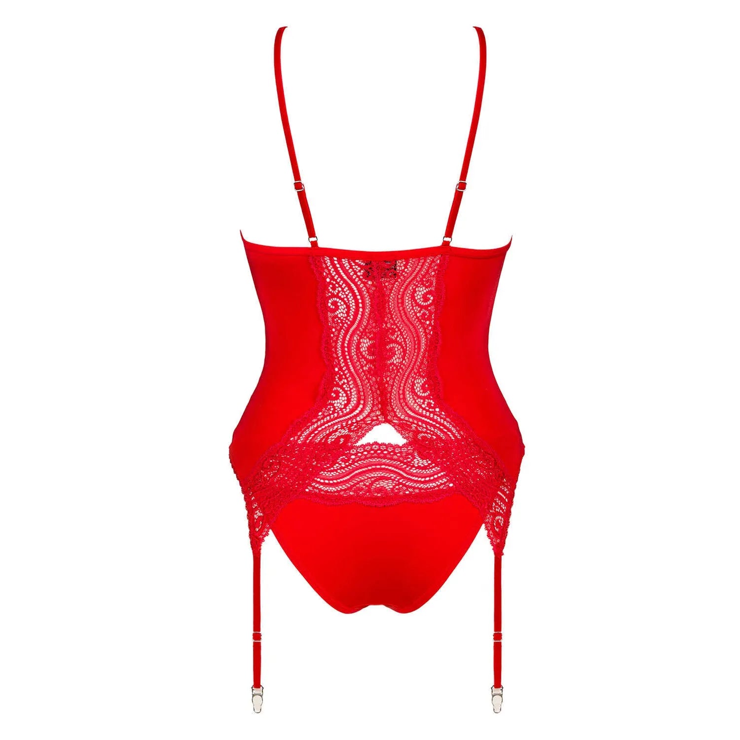 Corset culotte rouge en dentelle avec jarretelles et bretelles ajustables, élégant et séduisant pour silhouette féminine.