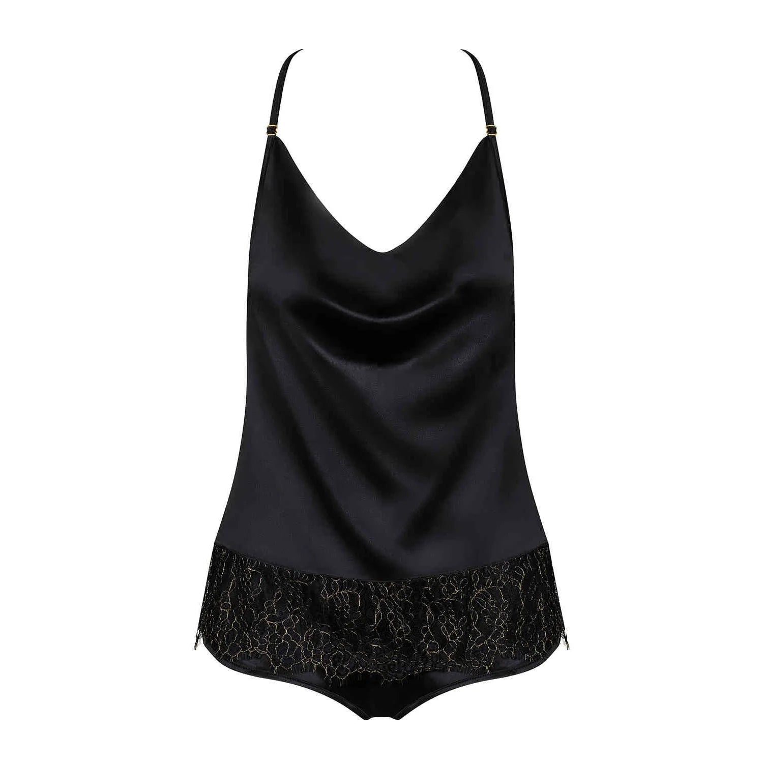 Ensemble lingerie satin noir Agatya, décolleté dentelle, dos exposé, bretelles réglables, élégant et sexy.