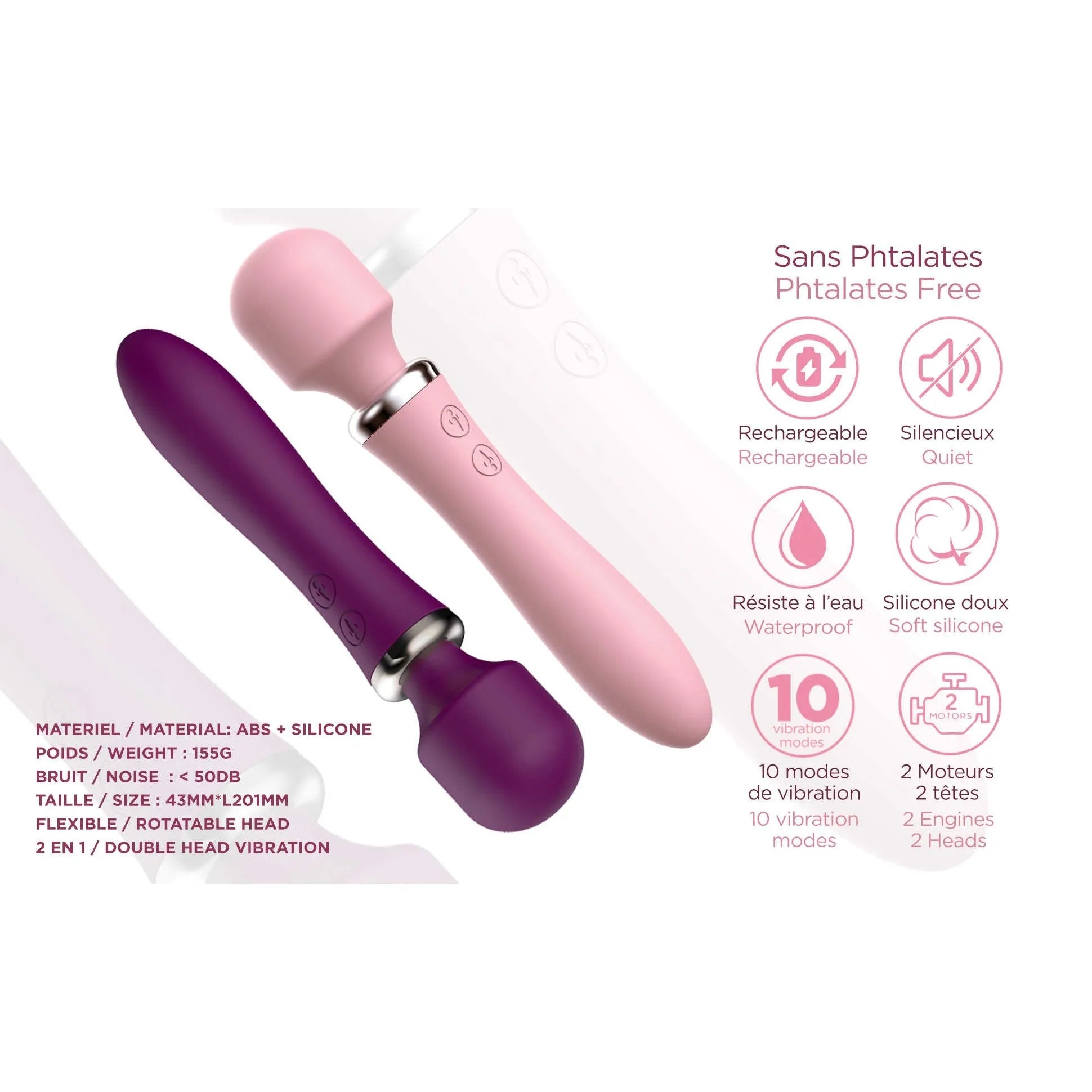 masseur vibrant tête maniable double silicone médical ultradoux sans phtalates étanche rechargeable dix modes puissants moteurs autonomie prolongée