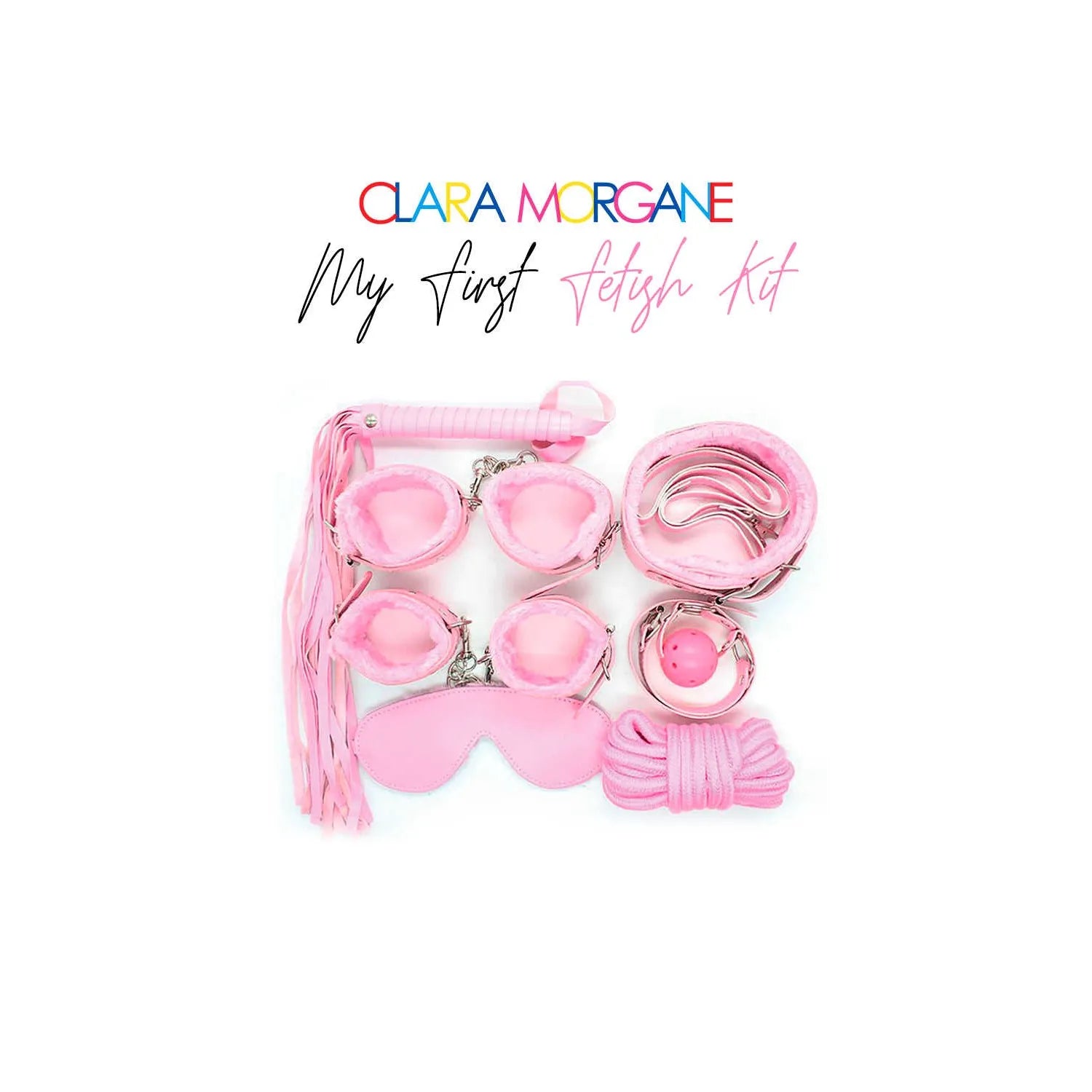 Coffret BDSM débutants rose Clara Morgane avec martinet, menottes, bâillon, laisse, masque et corde douce.