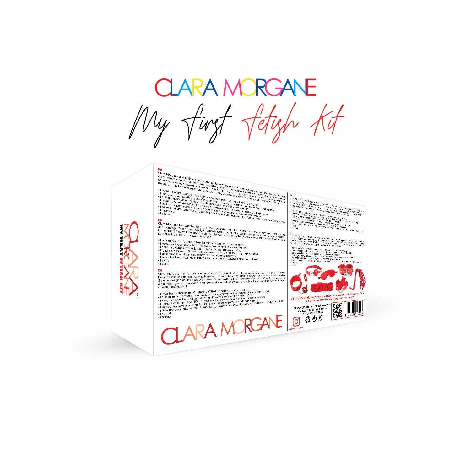 Coffret initiation BDSM Clara Morgane rouge, 7 accessoires élégants et sécurisés pour débutants, compact et polyvalent.