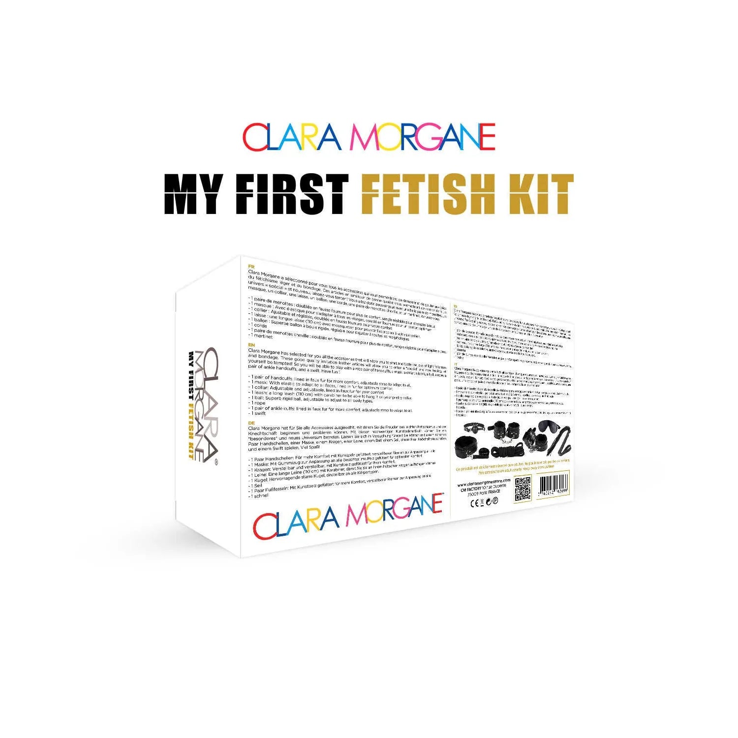 kit BDSM débutant accessoires initiation Clara Morgane noir menottes masque martinet bâillon corde poignets chevilles laisse confort durable sensuel sécurisé