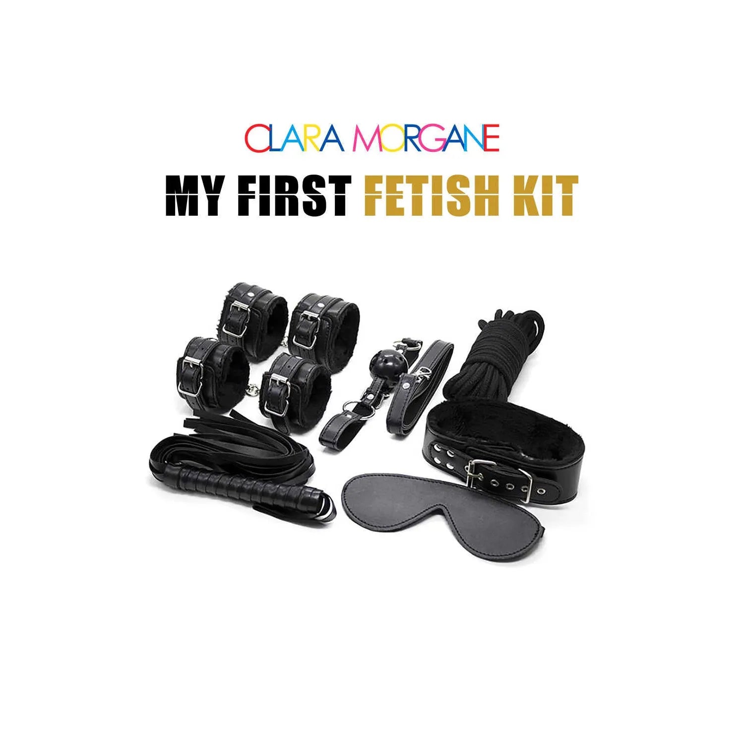 kit BDSM débutant accessoires initiation Clara Morgane noir menottes masque martinet bâillon corde poignets chevilles laisse confort durable sensuel sécurisé