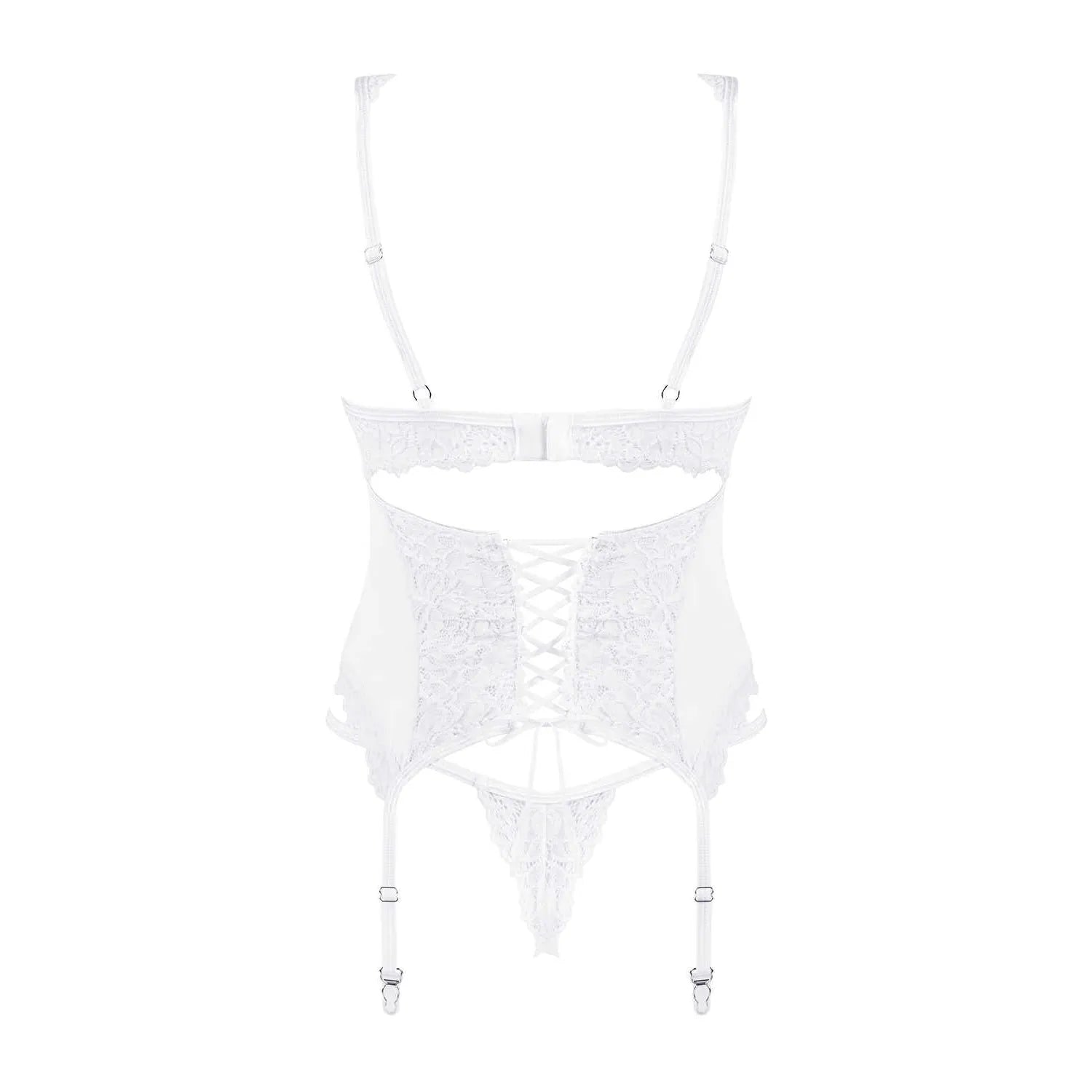 Corset string blanc dentelle sexy avec armatures, bretelles et jarretelles réglables, fermeture dos ajustable.