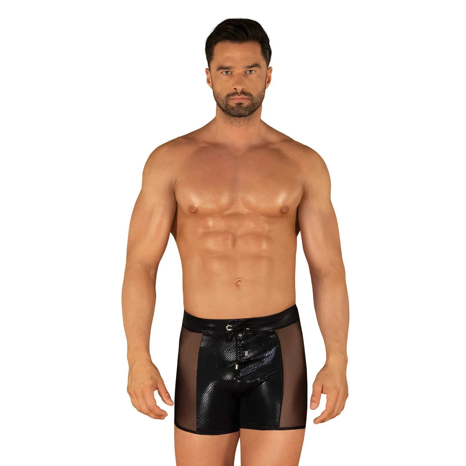 short de bain homme noir sexy matière translucide ajustement parfait