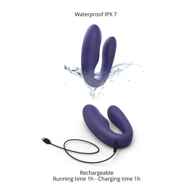 jouet couple télécommandé étanche double pénétration vibrations silicone flexible ergonomique silencieux rechargeable magnétique autonomie compact discret indigo taille unique