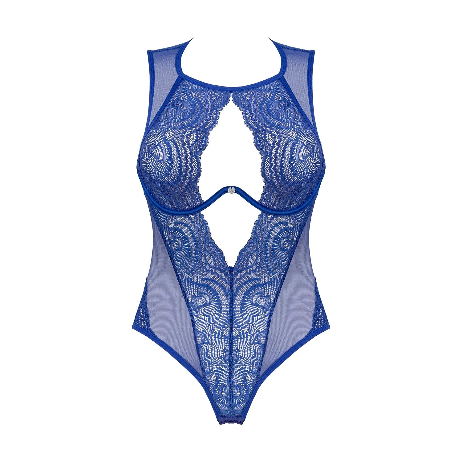 Body teddy bleu Giselia en dentelle, décolleté profond, armatures, bretelles réglables, pendentif, maintien sculptant.