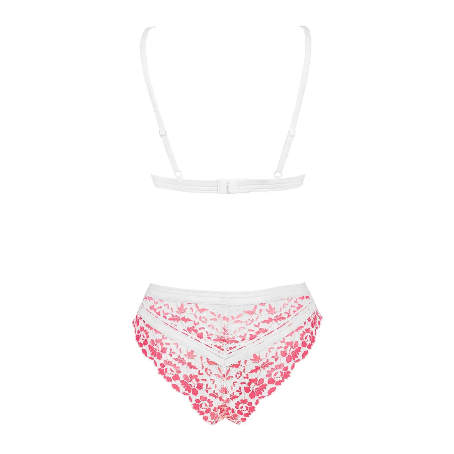 Ensemble lingerie rose dentelle fleurie, soutien-gorge triangulaire, culotte, bretelles réglables, élégance féminine.