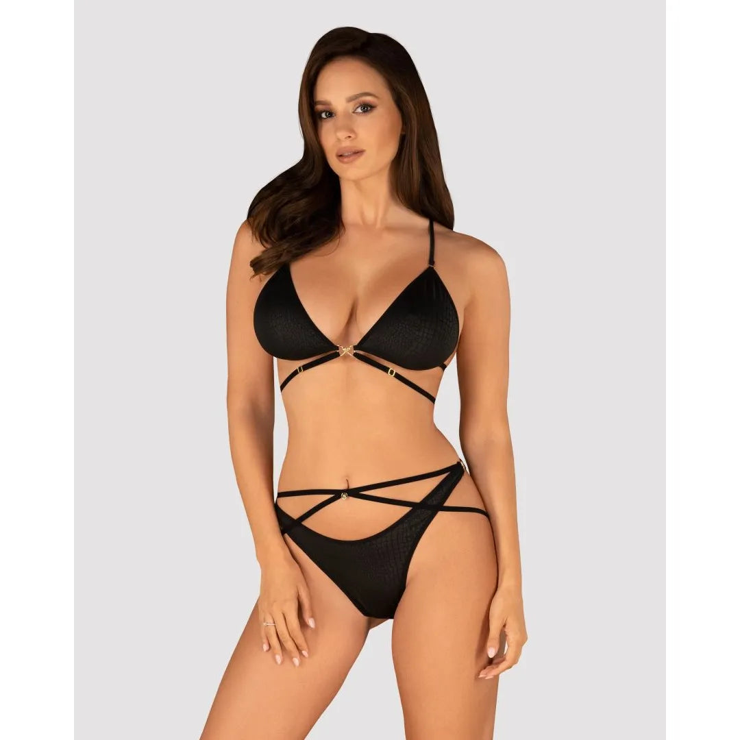 Ensemble lingerie sexy noir imprimé animalier, bretelles réglables, bonnets triangulaires, polyamide élasthanne.