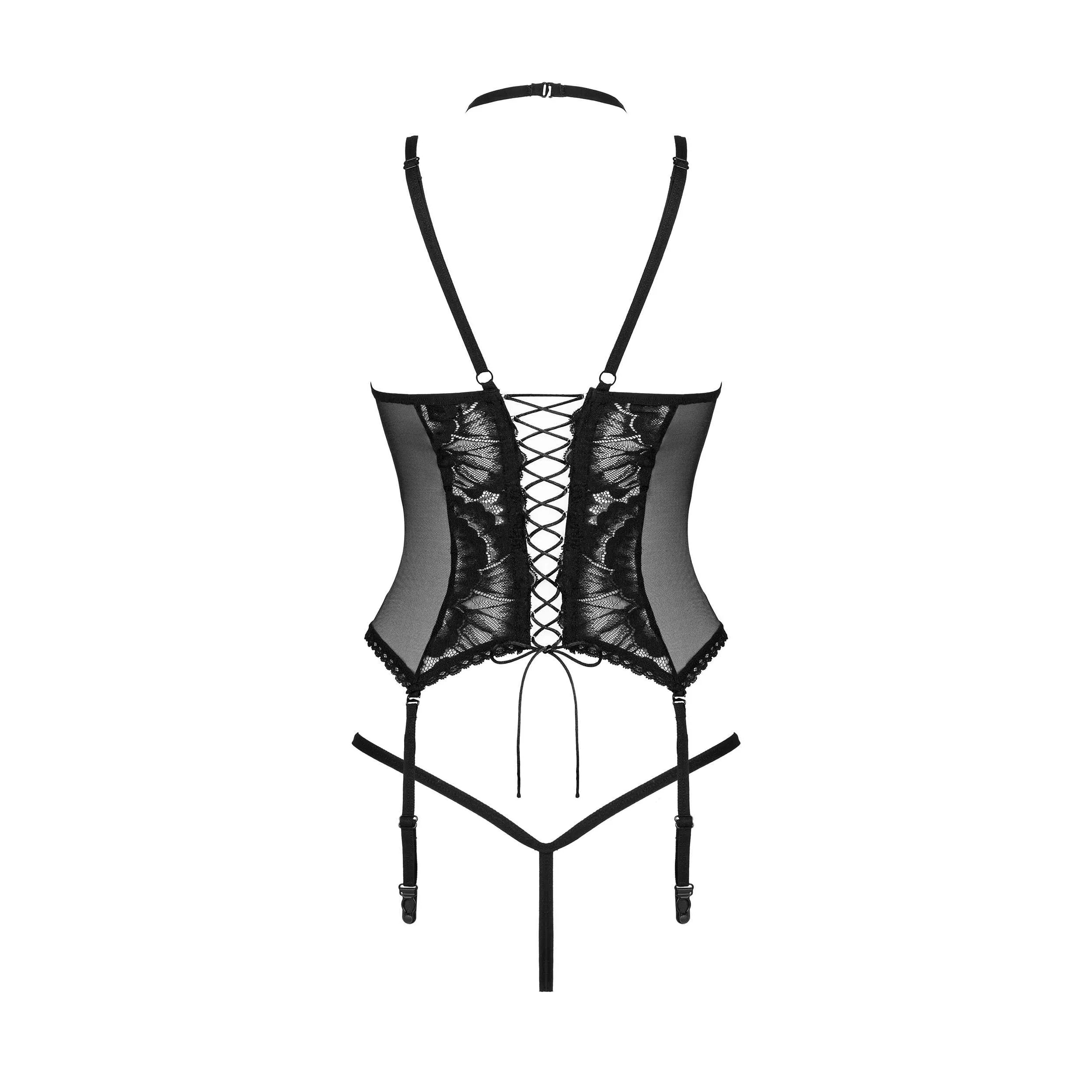 Corset noir Alessya en dentelle élégante avec armatures, laçage réglable, bretelles ajustables et porte-jarretelles.