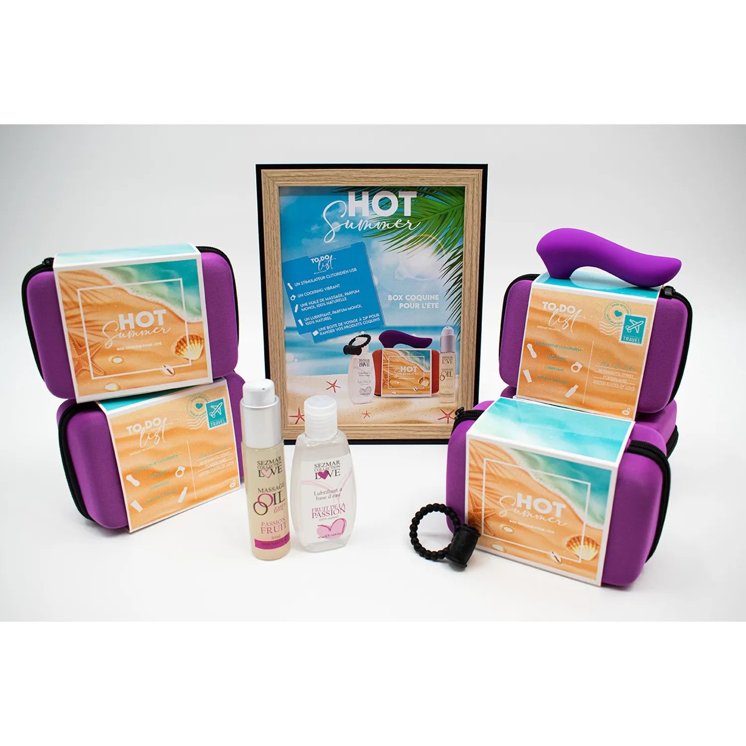 Boîte couple été passion avec stimulateur vibrant, anneau silicone, huile massage, lubrifiant exotique, édition limitée.