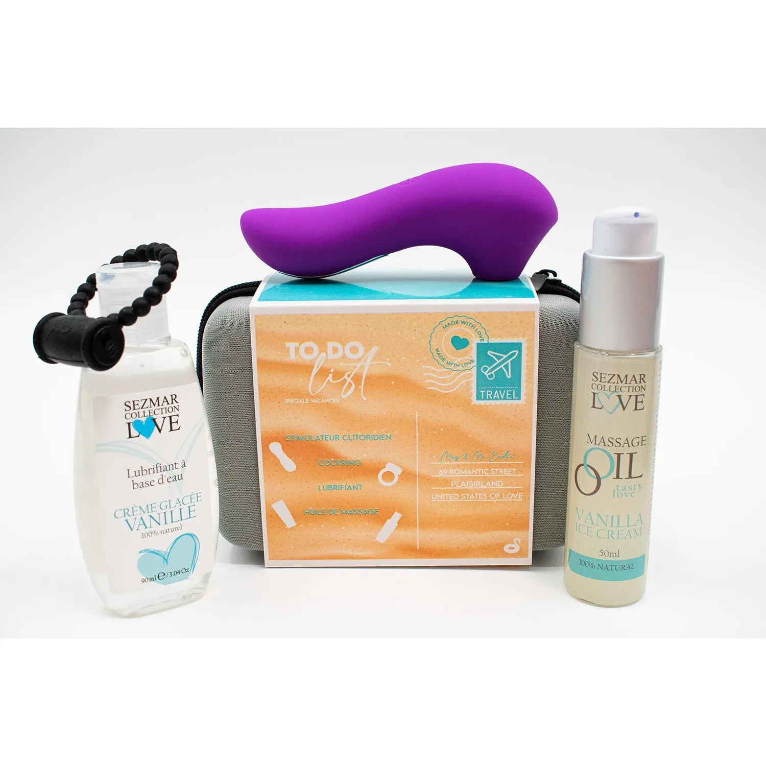 Coffret estival couples: huile massage, lubrifiant vanille, stimulateur violet, pochette grise, édition limitée.