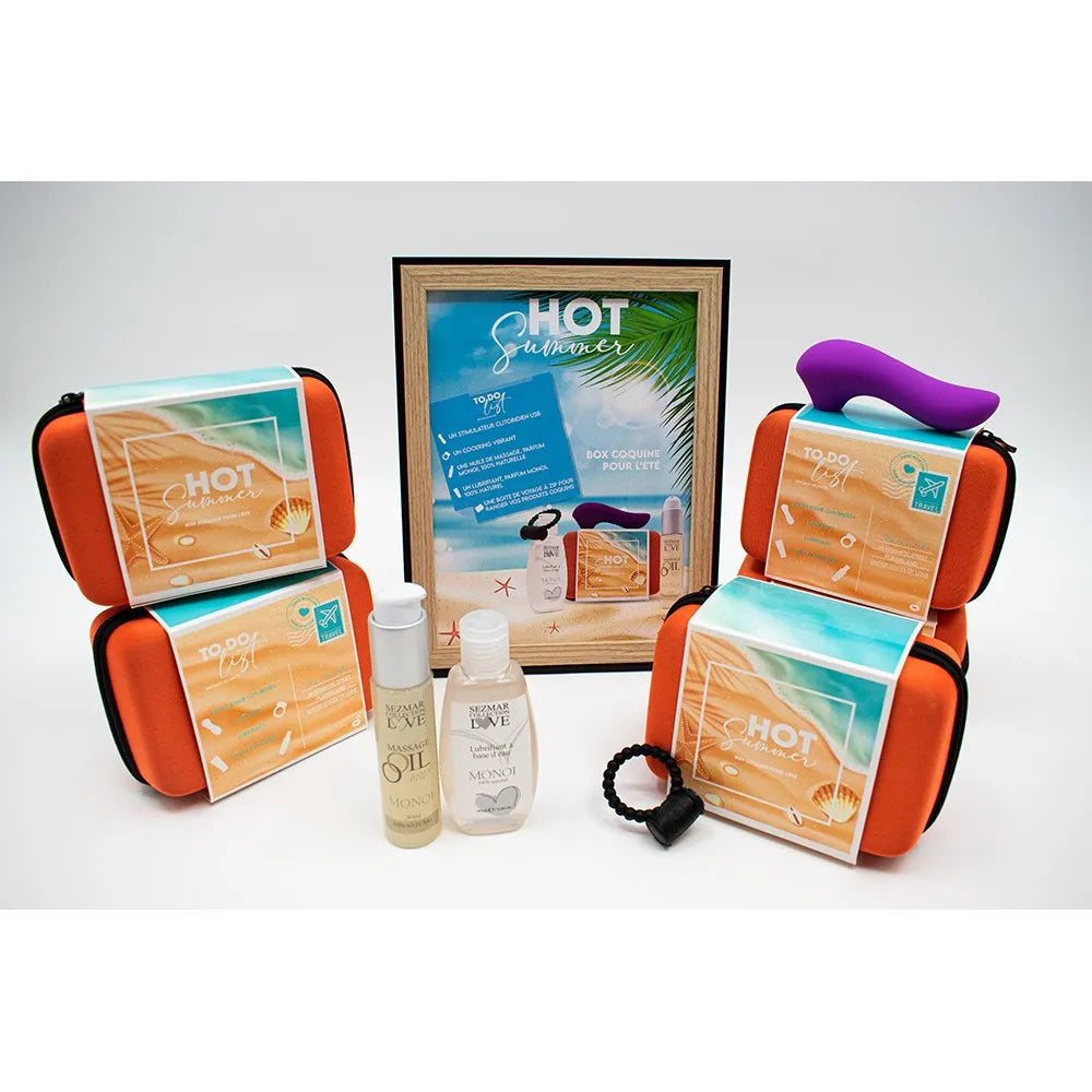 Ensemble bien-être couple été: trousse orange, stimulateur violet, anneau noir, huiles massage, affichage Hot Summer.