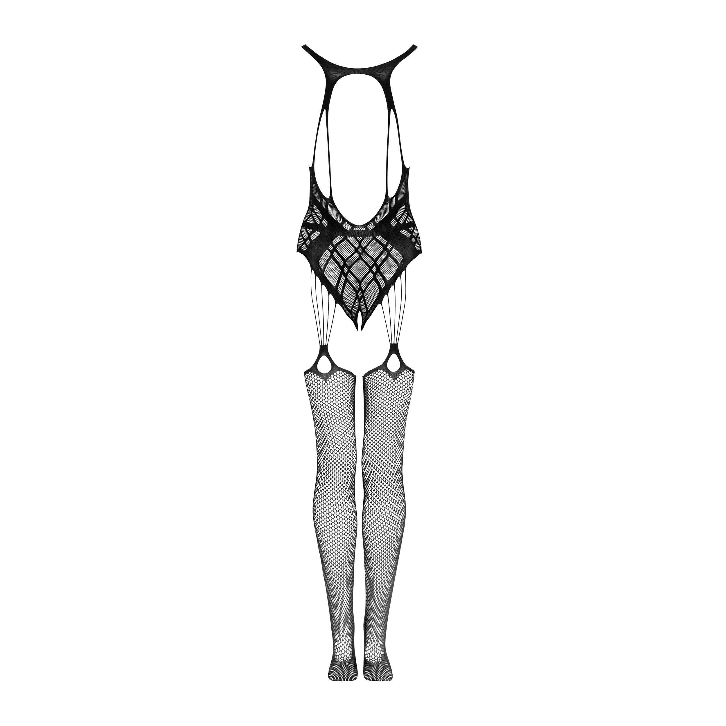 Bodystocking noir transparent dos ouvert, fines bretelles, maille extensible, coupe ajustée, entrejambe ouvert.
