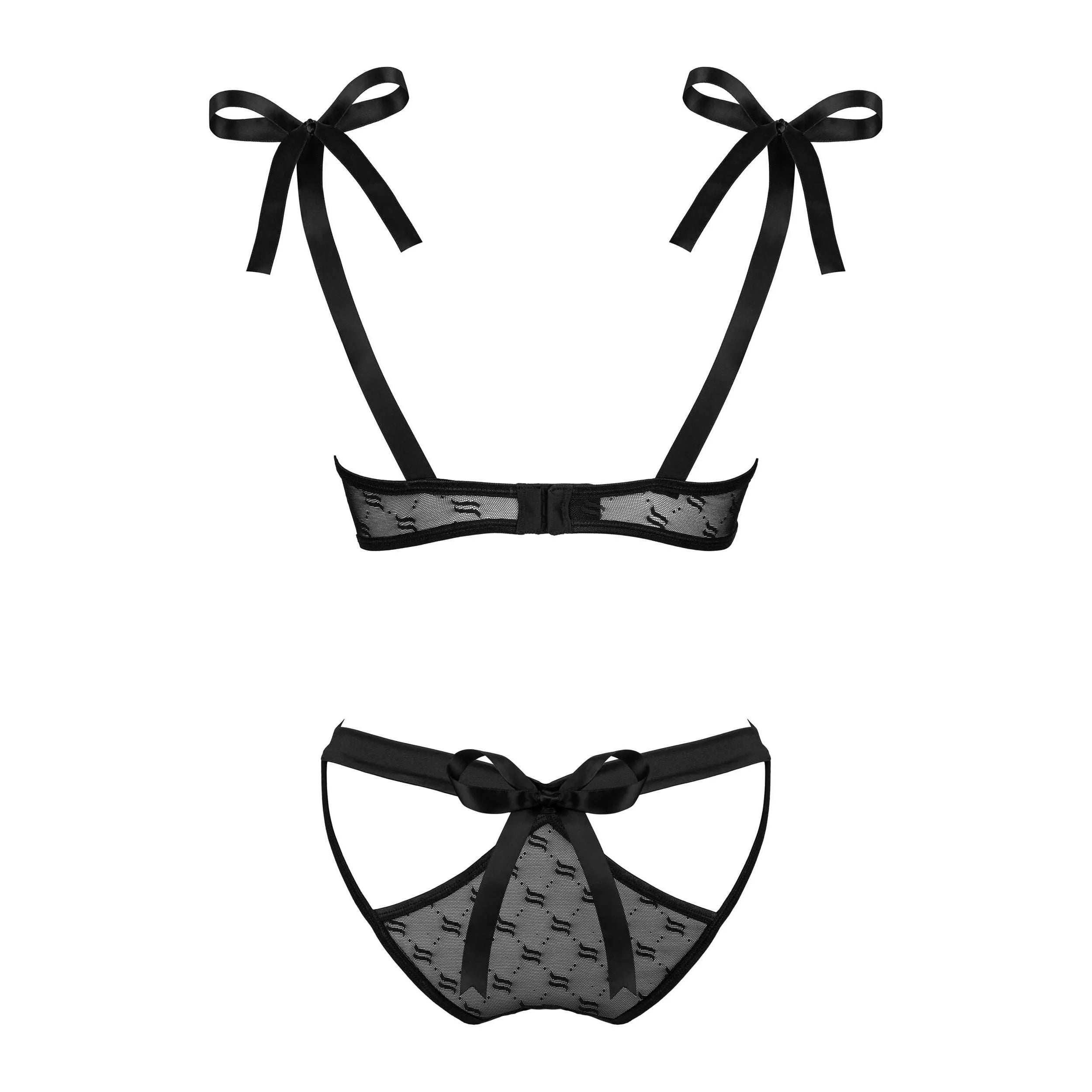 Ensemble lingerie noir satin avec soutien-gorge à armatures et culotte, design élégant et séduisant Obsessivia.
