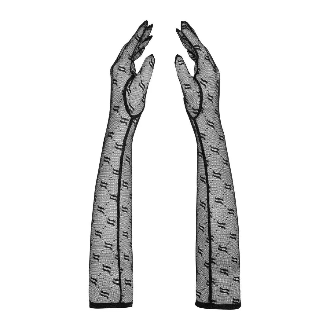 Gants noirs Obsessivia en maille translucide, toucher soyeux, logo discret, élégance et séduction, taille unique.