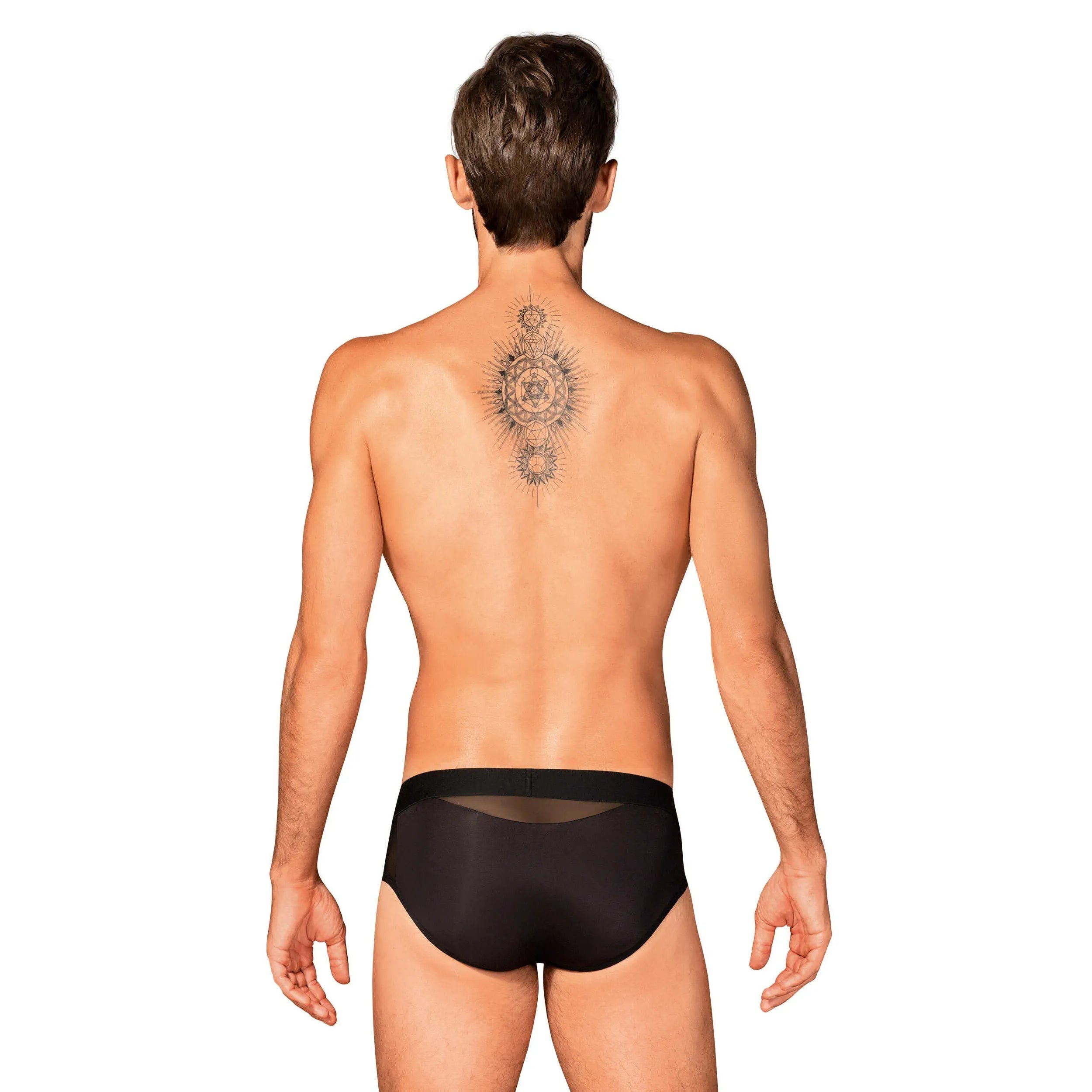 Slip homme Boldero noir, coupe classique, maille transparente, pendentif argent, élégant et confortable, vue arrière.