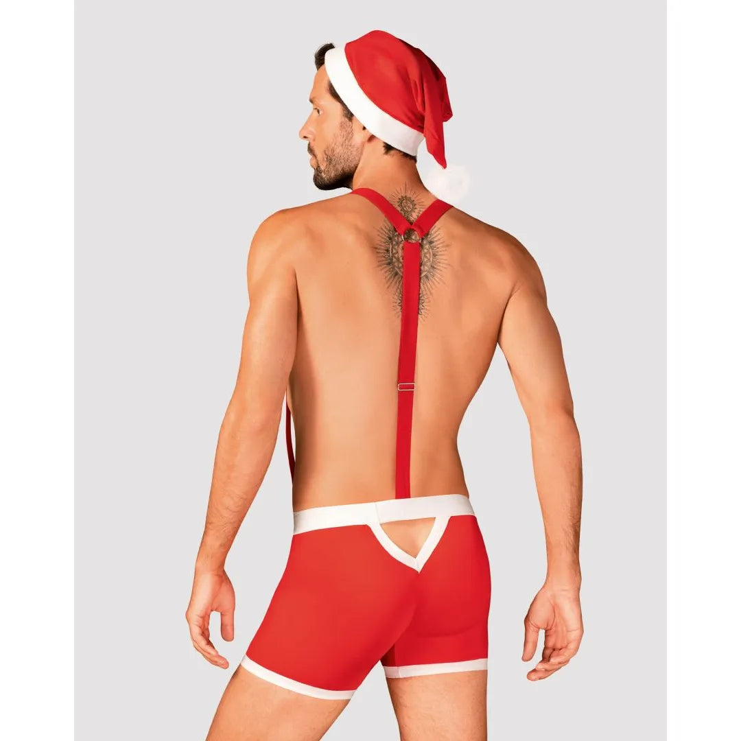 Caleçon rouge homme Noël, bretelles réglables, bonnet pompon, laçage ajusté, découpe dos, élégant et festif.