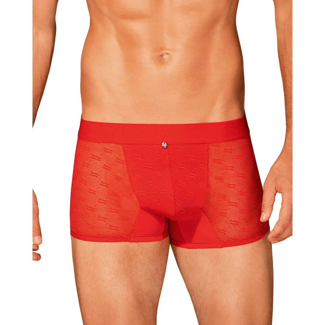 Caleçon homme rouge translucide moulant, logo élégant, confort souple, sensualité moderne, élasthanne respirant.