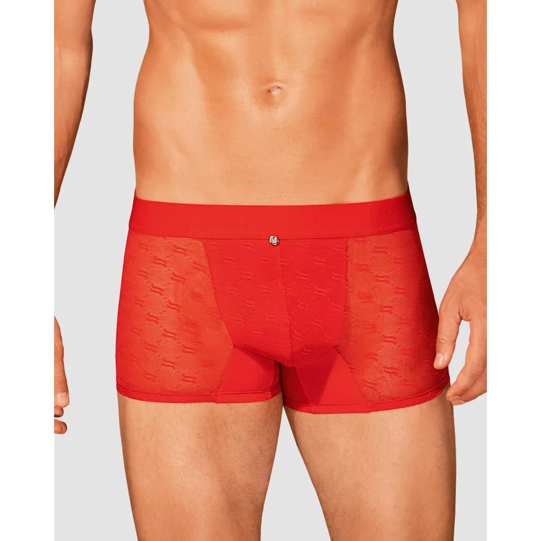 Caleçon homme rouge translucide moulant, logo élégant, confort élasthanne, sensualité moderne, respirant et ajustable.
