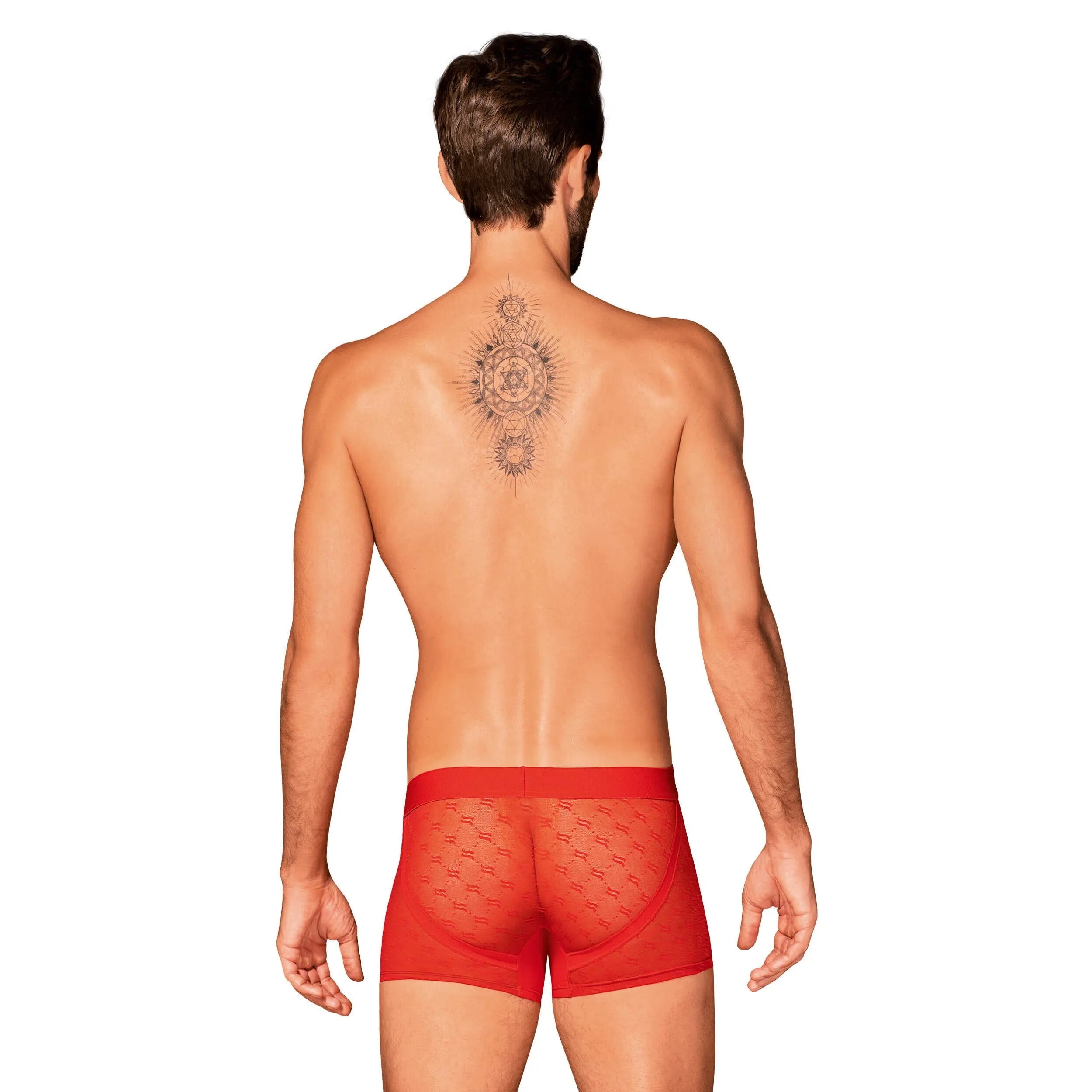 Caleçon homme rouge translucide moulant, logo monogramme, confort élasthanne, style moderne et séduisant.