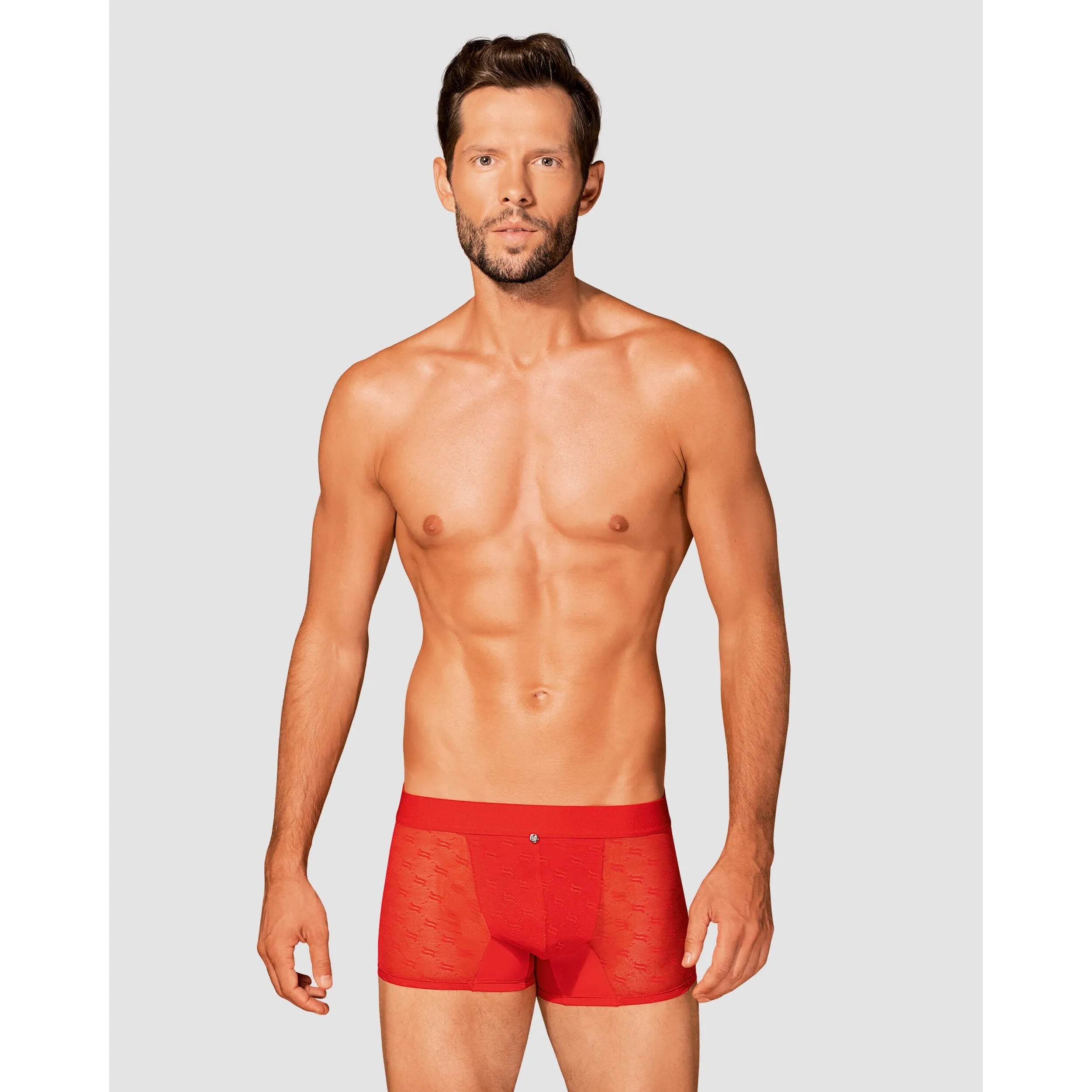 Caleçon homme rouge translucide, coupe moulante, logo élégant, style moderne et séduisant, confort et respirabilité.