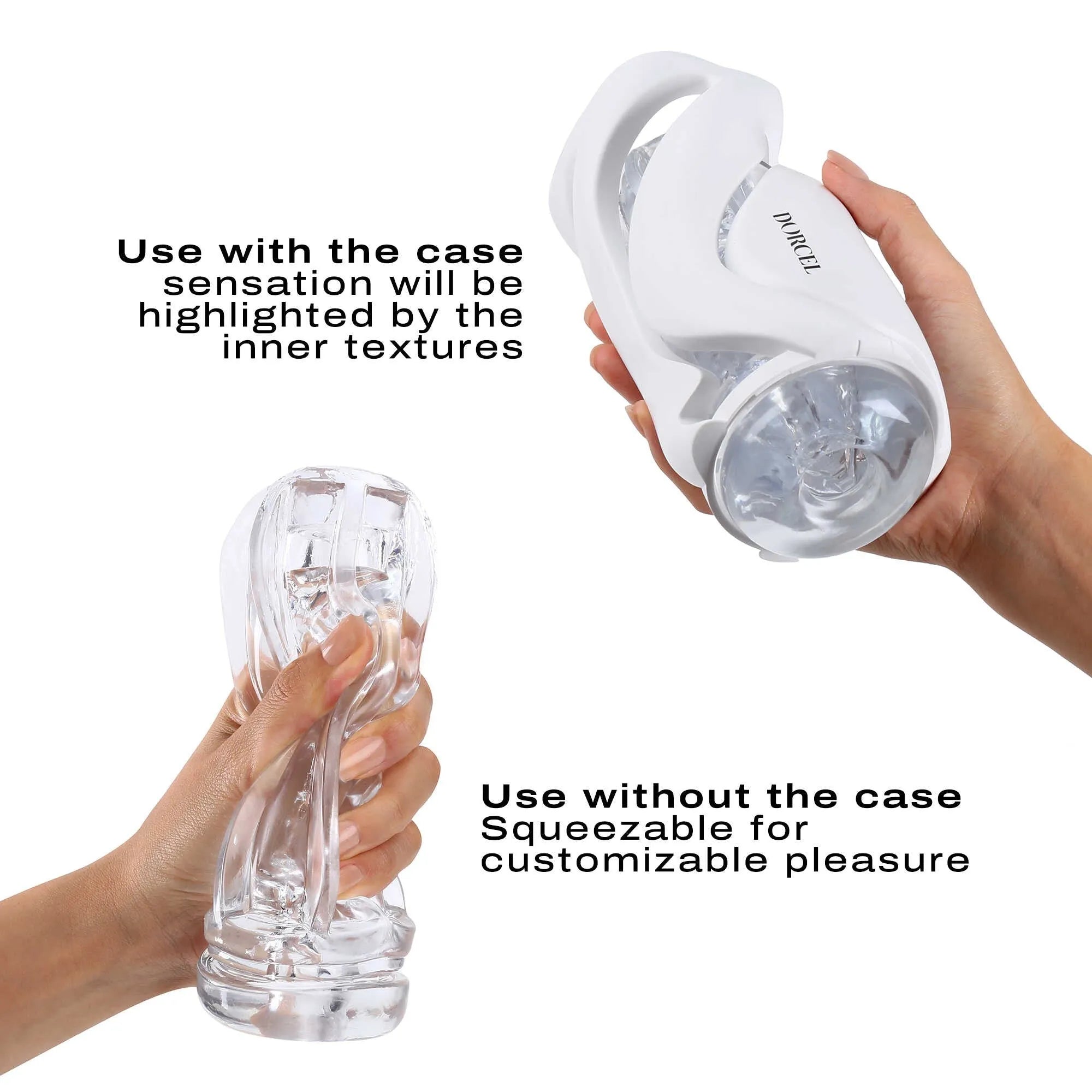 masturbateur manuel translucide futuriste interchangeable étanche noir blanc manches texturées variées boîtier ergonomique élégant ultradoux élastique démontable réutilisable