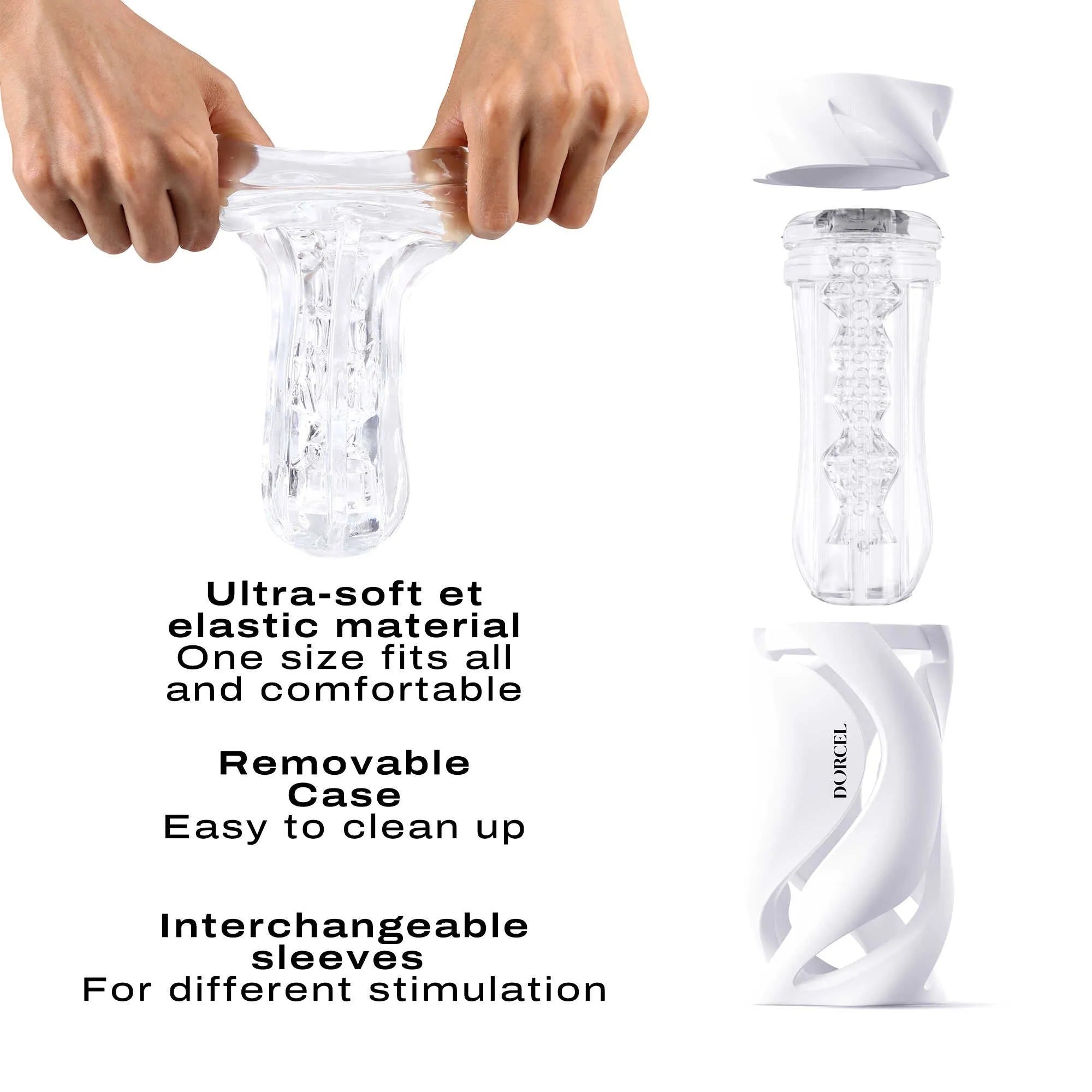 masturbateur manuel translucide futuriste interchangeable étanche noir blanc manches texturées variées boîtier ergonomique élégant ultradoux élastique démontable réutilisable