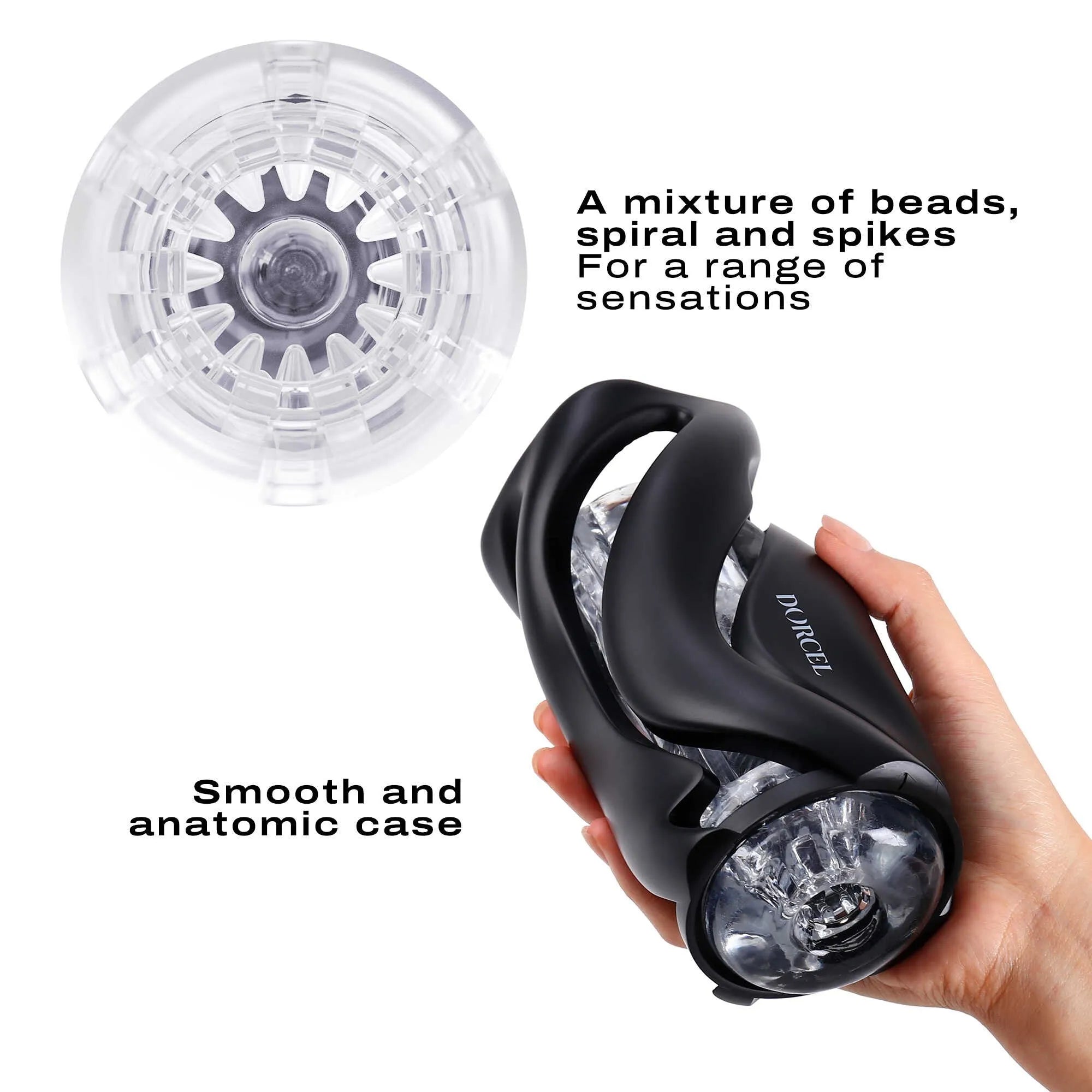 masturbateur manuel avantgardiste design blanc noir manches interchangeables boitier ergonomique lisse démontable ultraélastique translucide tailleunique nomade sensationsvariées esthétique raffiné