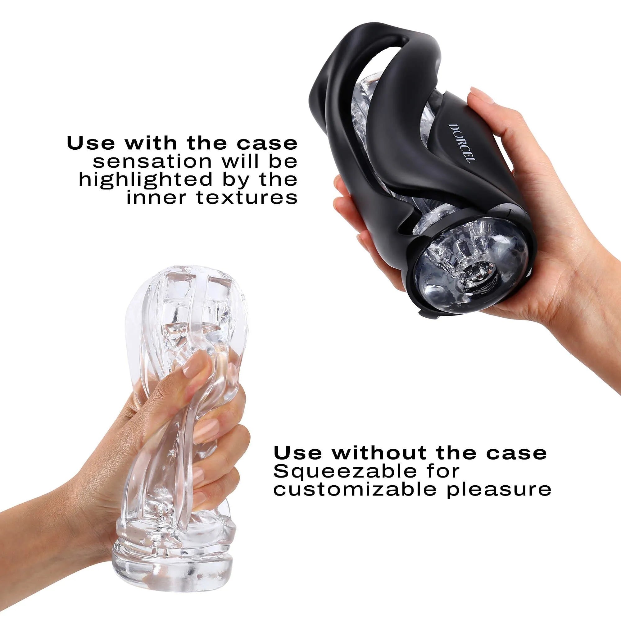 masturbateur manuel avantgardiste design blanc noir manches interchangeables boitier ergonomique lisse démontable ultraélastique translucide tailleunique nomade sensationsvariées esthétique raffiné