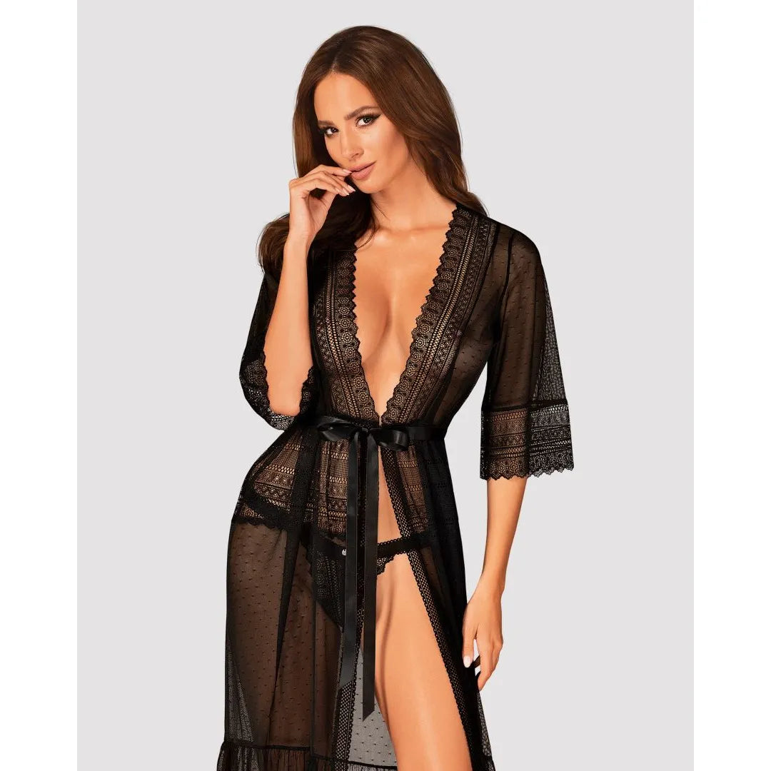 Peignoir long sensuel translucide pois dentelle noir Estiqua sexy élégant