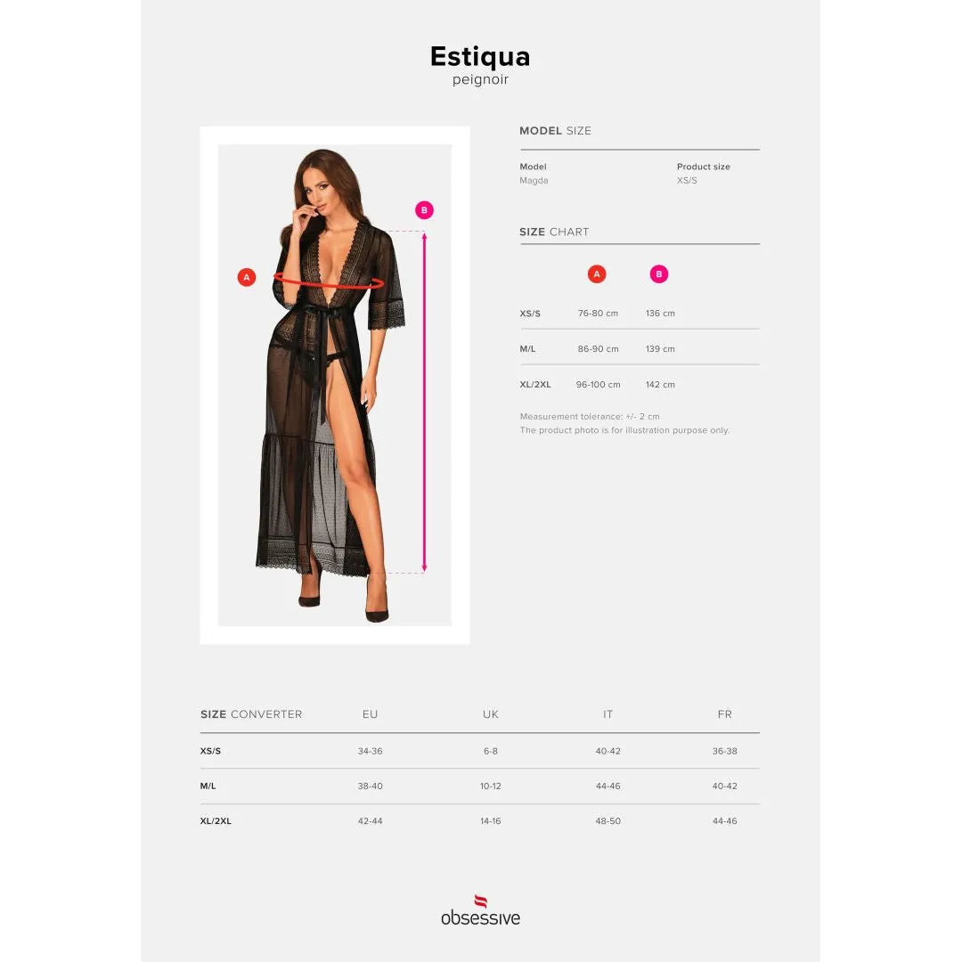 Peignoir long sensuel translucide pois dentelle noir Estiqua sexy élégant