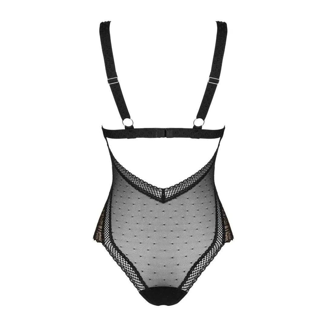 Body noir translucide dentelle, dos ouvert, bretelles réglables, moulant, raffiné, sexy, féminin, élégant.