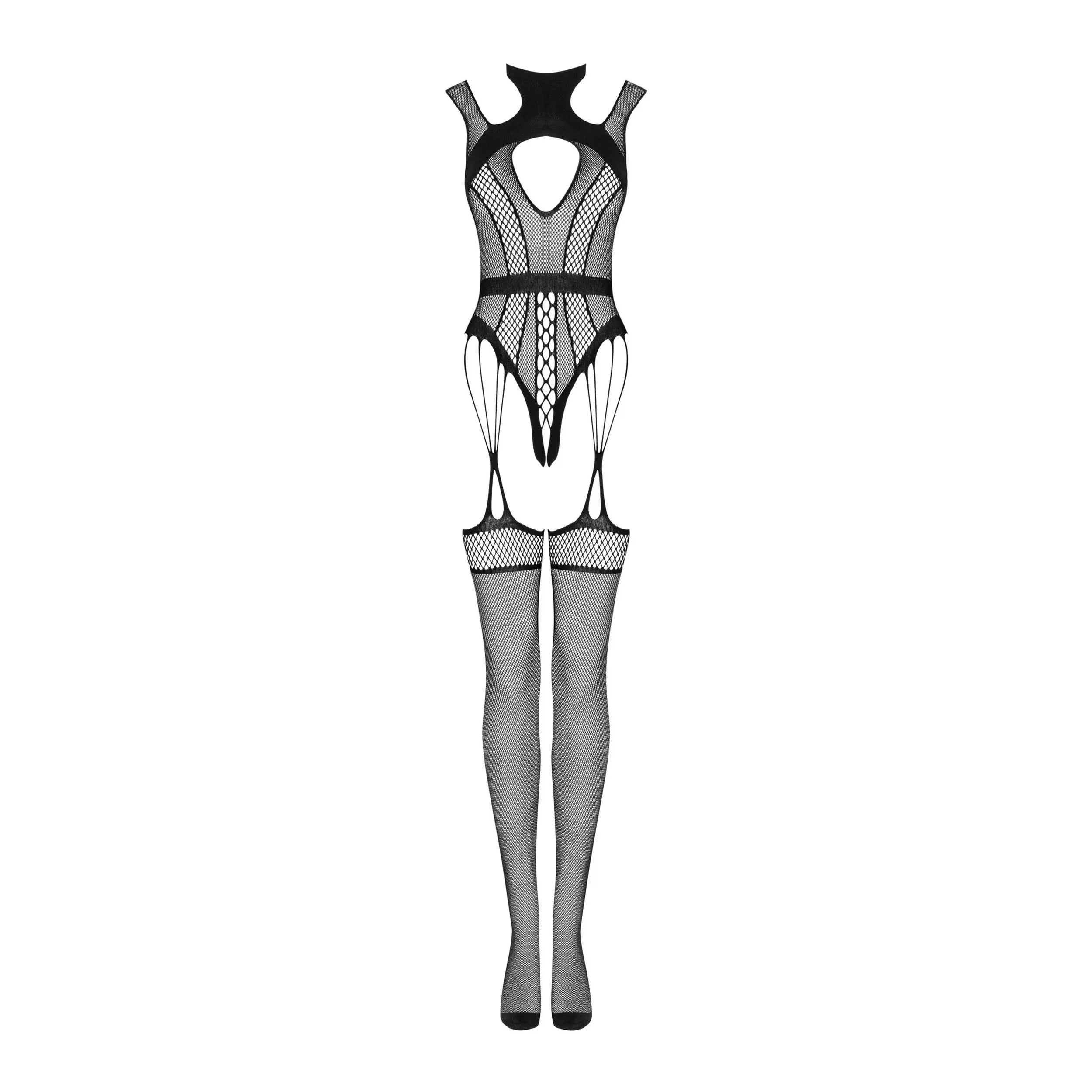Bodystocking noir G327, maille souple, coupe audacieuse, entrejambe ouvert, dos nu, détails séduisants, silhouette sublimée.