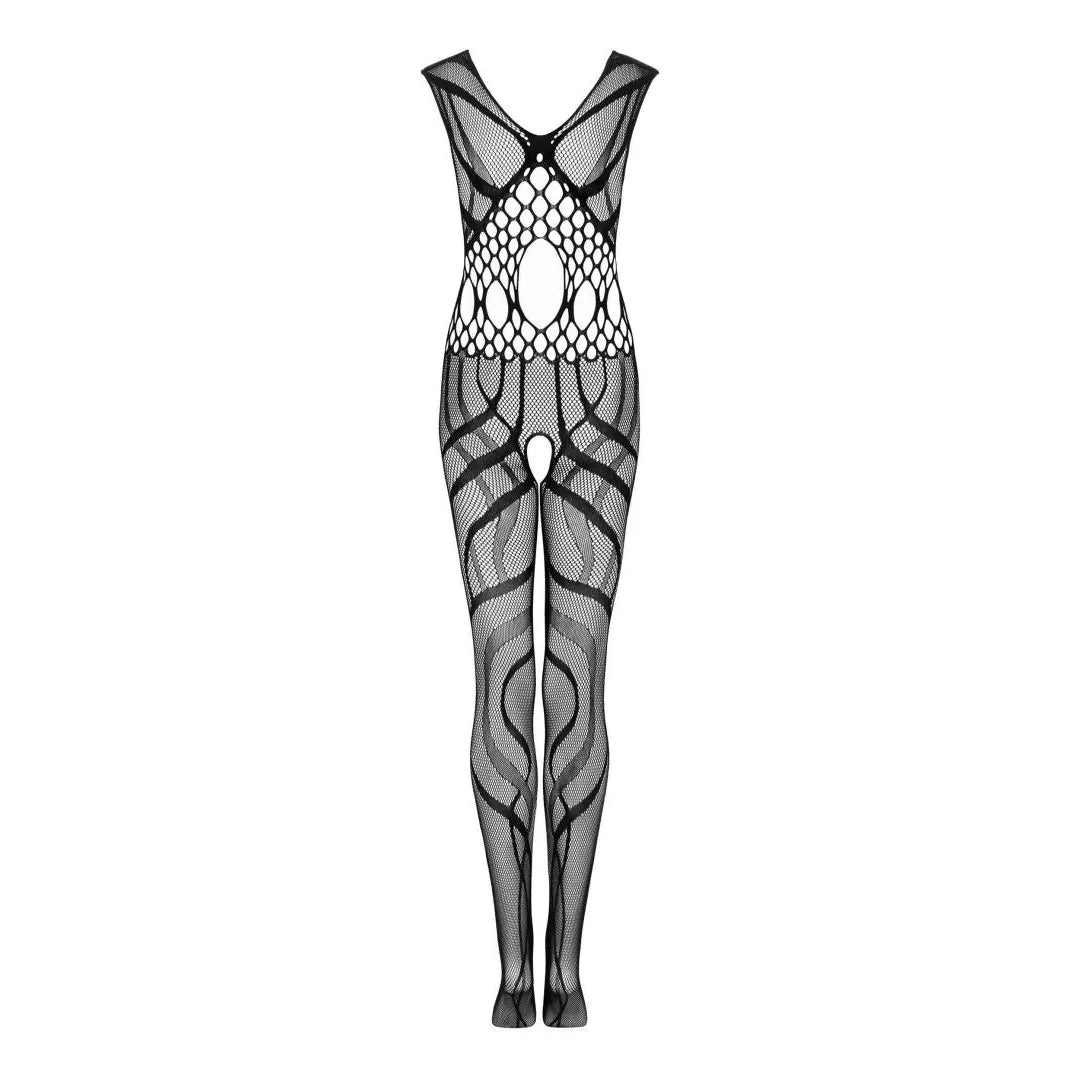 Bodystocking noir transparent G328, découpes sensuelles, entrejambe ouvert, maille extensible, design séduisant.