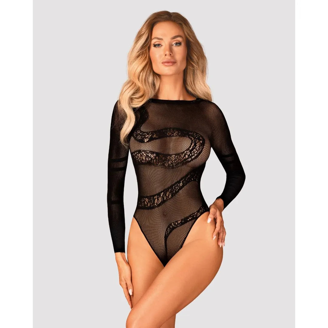 Body noir motif serpent, maille transparente, dos ouvert, entrejambe épicé, tailles S à XXL, élégant et sexy.