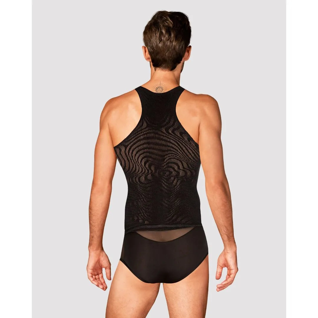 Débardeur homme noir motifs géométriques, coupe ajustée, tricot souple, style moderne et élégant, vue de dos.