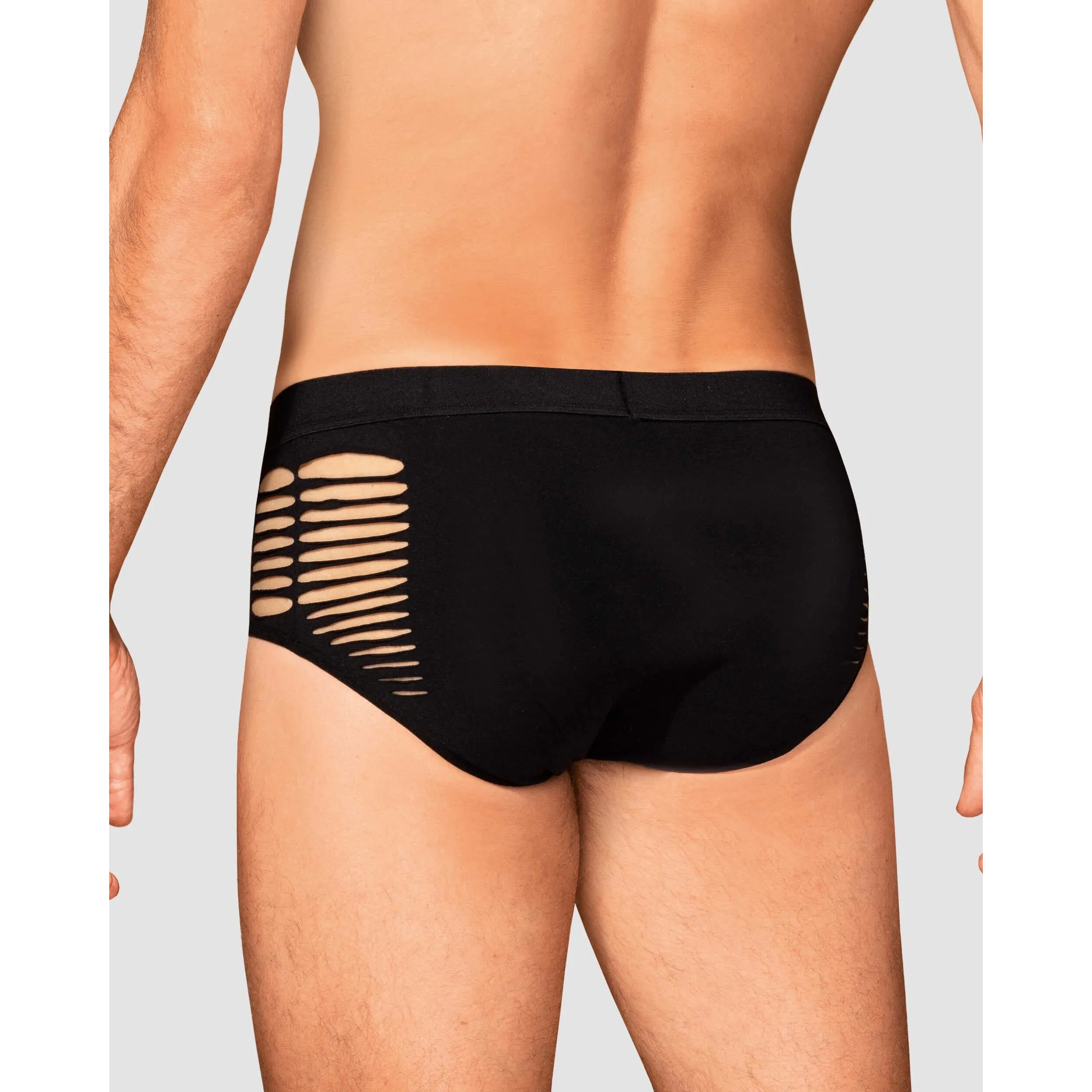 Culotte homme noire moderne avec découpes sexy, maille élastique, ajustée et confortable, vue arrière.