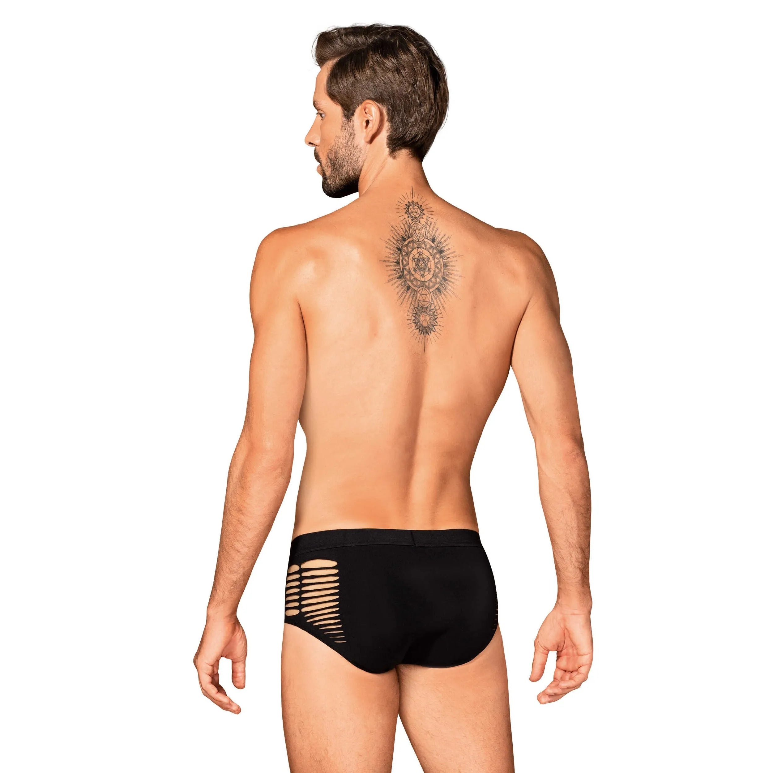 Culotte homme noire moderne avec découpes sexy sur les côtés, maille élastique, ajustée, silhouette sculptante.