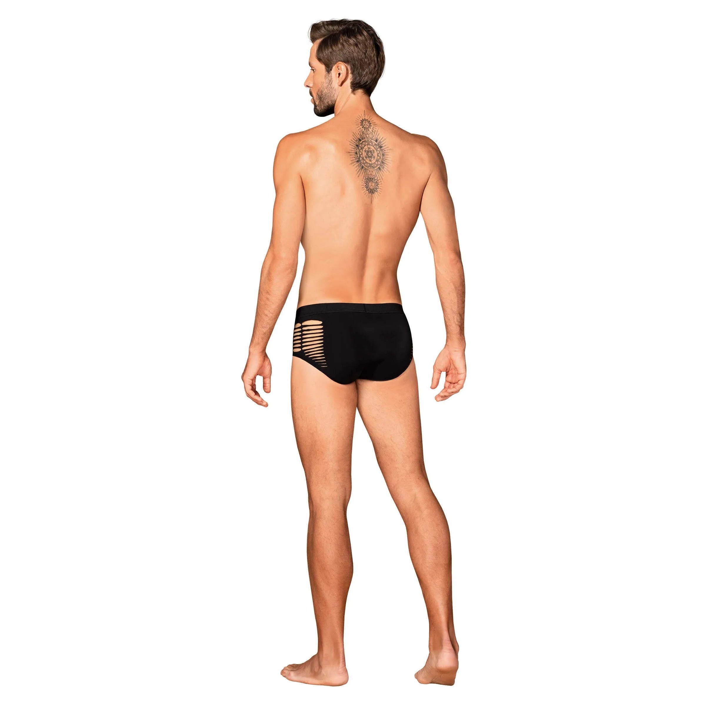 Culotte homme noire moderne avec découpes sexy, maille élastique, ajustée, offrant confort et élégance sculptante.