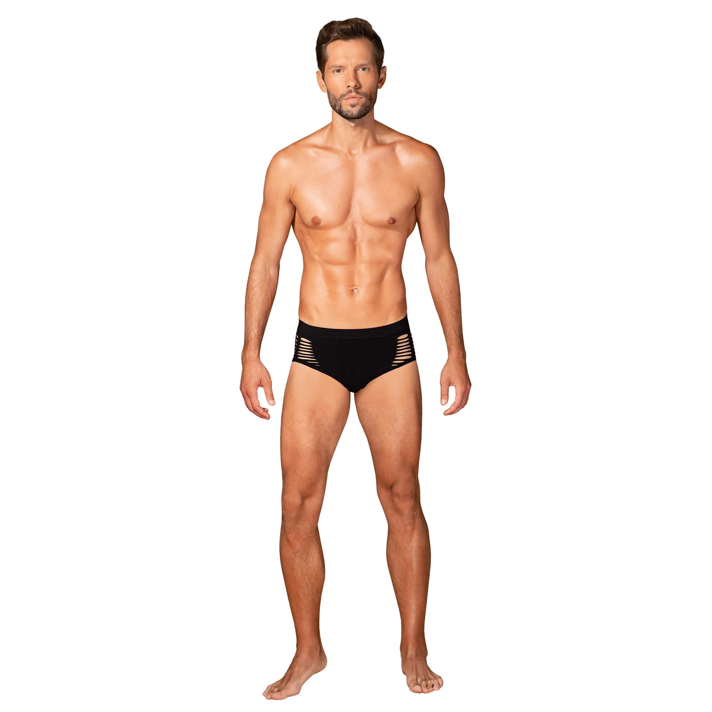 Culotte homme noire moderne avec découpes sexy, maille élastique, ajustée, silhouette sculptante, élégante et confortable.