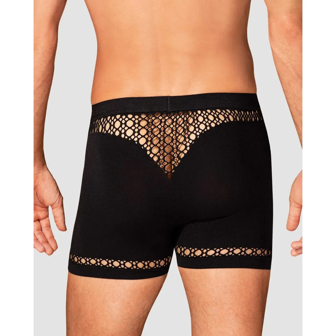 Boxer noir M102 homme, motifs géométriques, coupe moderne, nylon élasthanne, élégant et confortable, vue arrière.