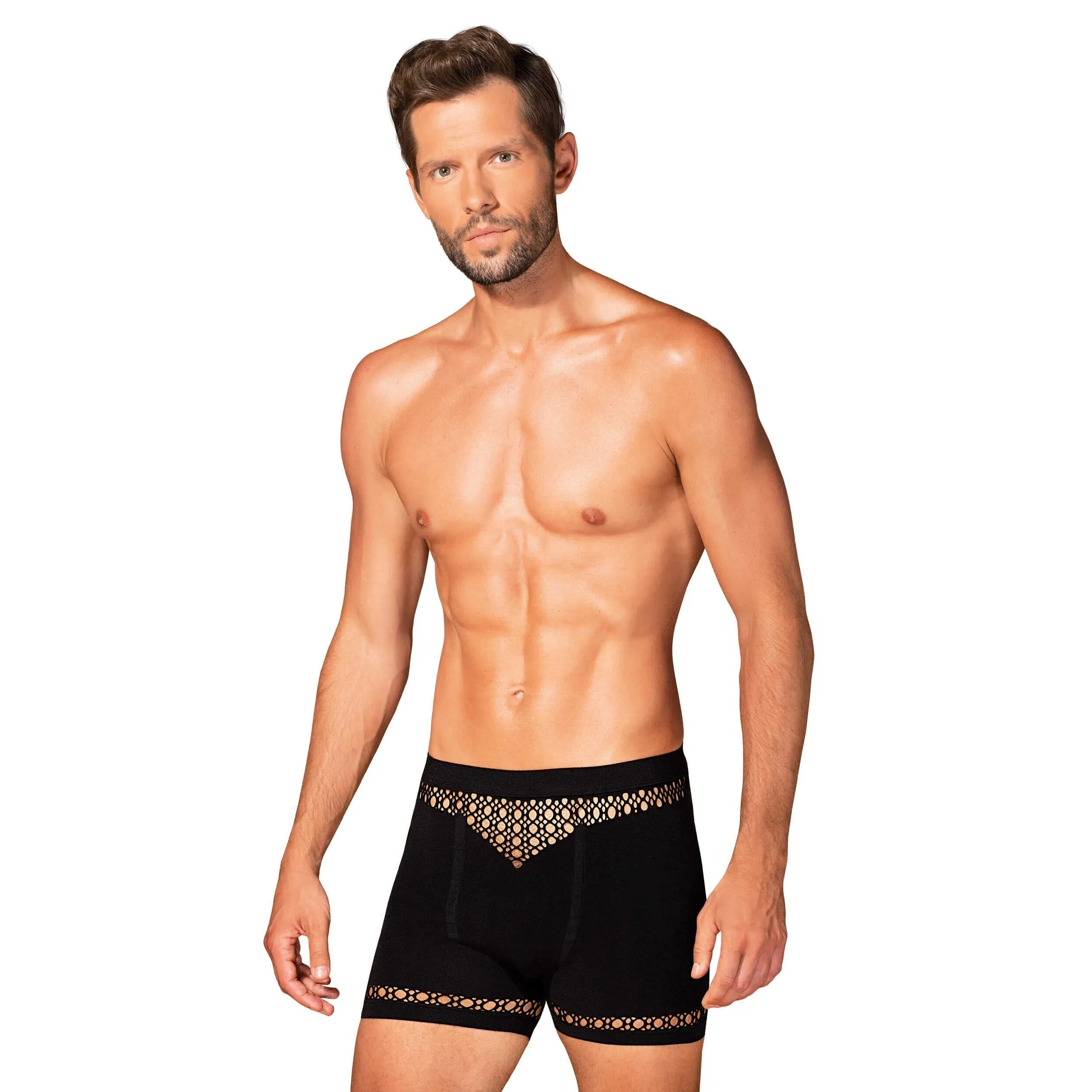 Boxer homme noir M102 motifs géométriques, coupe moderne, élégant et confortable, en nylon élasthanne extensible.