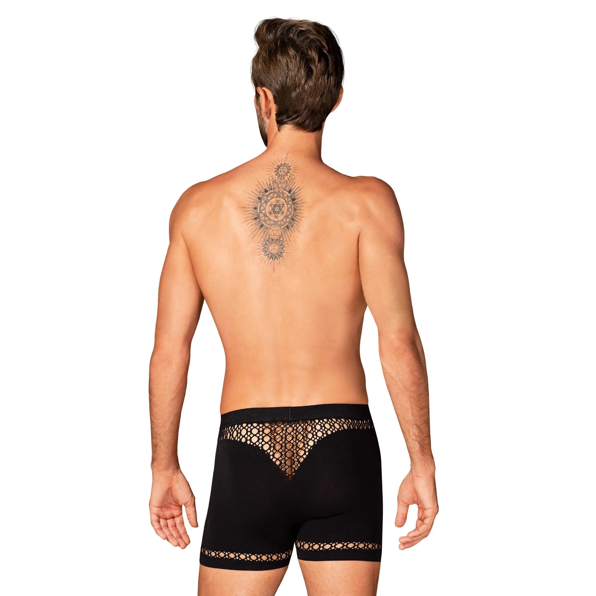 Boxer homme noir M102 motifs géométriques, coupe moderne, élégant et confortable, en nylon élasthanne extensible.