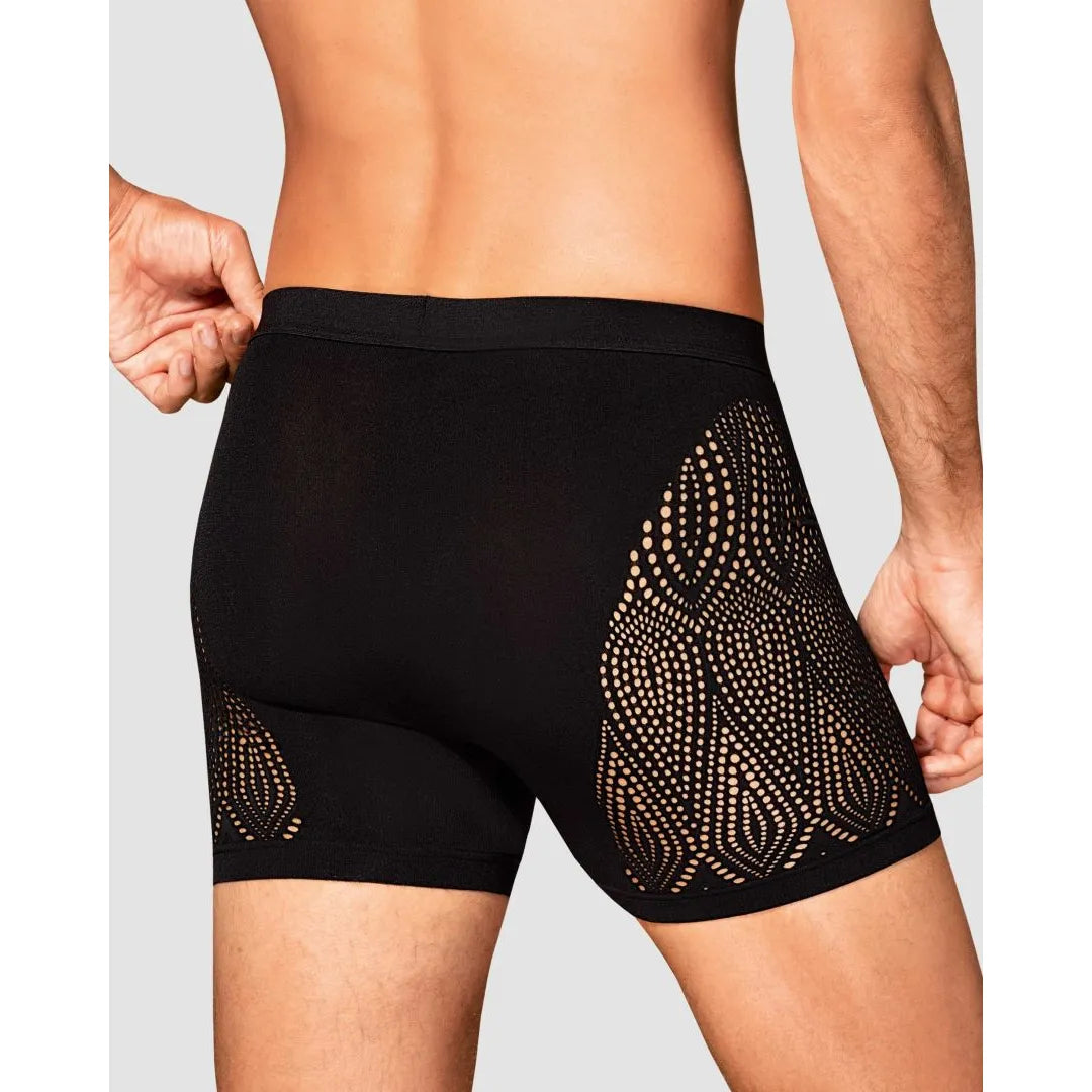 Boxer homme noir M103, découpes hanches élégantes, nylon élasthanne, toucher doux, confort et sensualité.