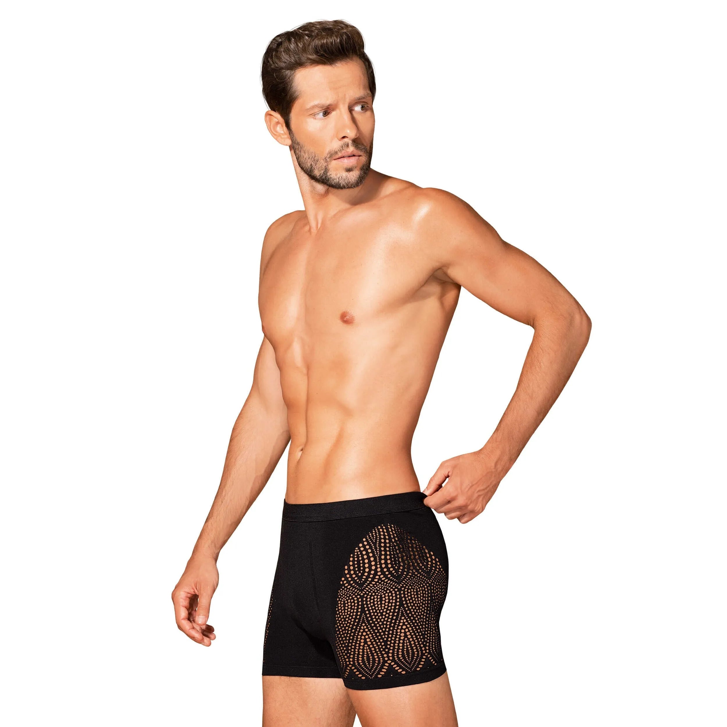 Boxer homme noir M103, découpes hanches, nylon élasthanne, toucher doux, maintien élastique, design élégant et sensuel.
