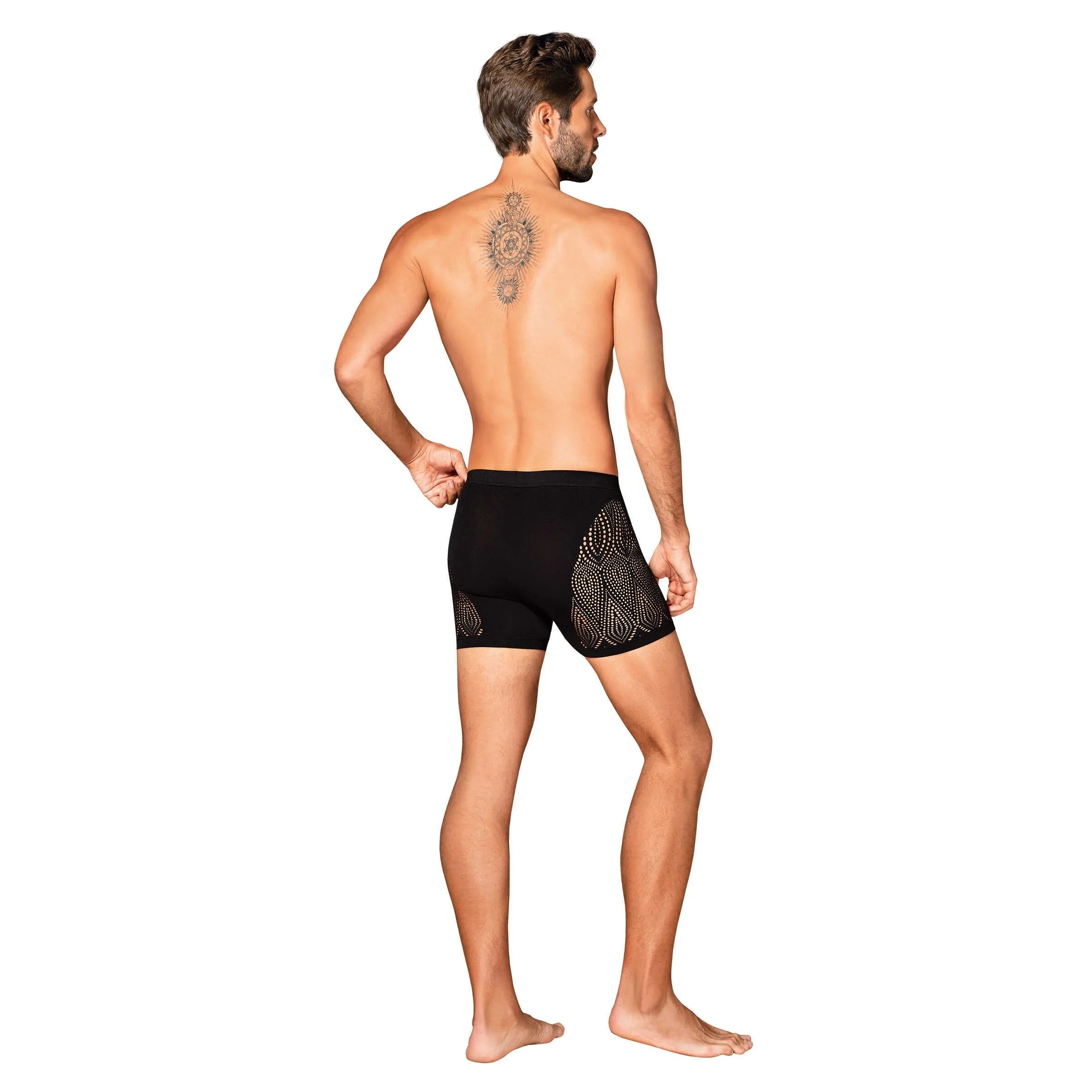 Boxer homme noir M103, découpes hanches, nylon élasthanne, toucher doux, maintien élastique, élégant et sensuel.