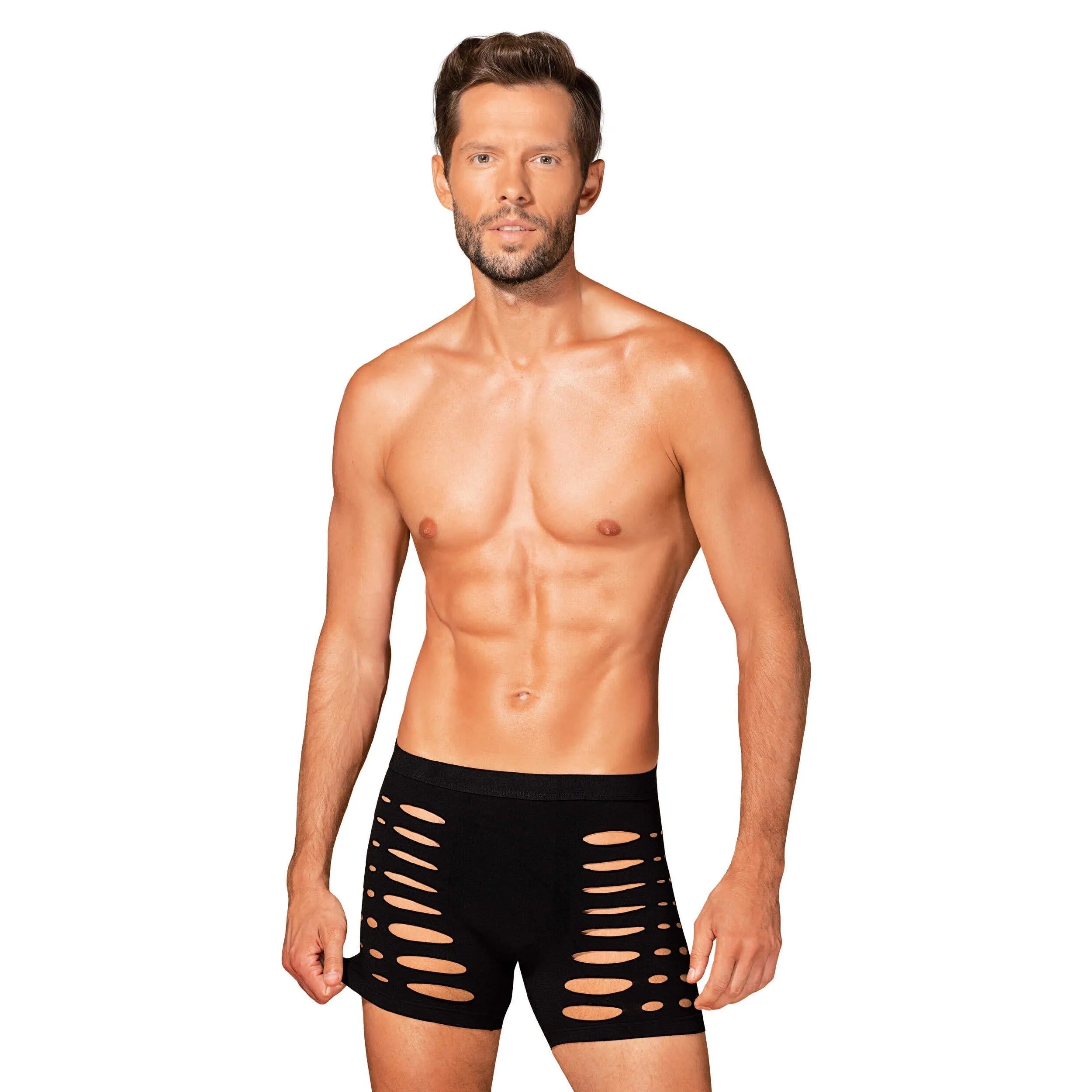 Caleçon noir homme M104, matière élastique, découpes audacieuses, coupe silhouette, style sexy et confortable.
