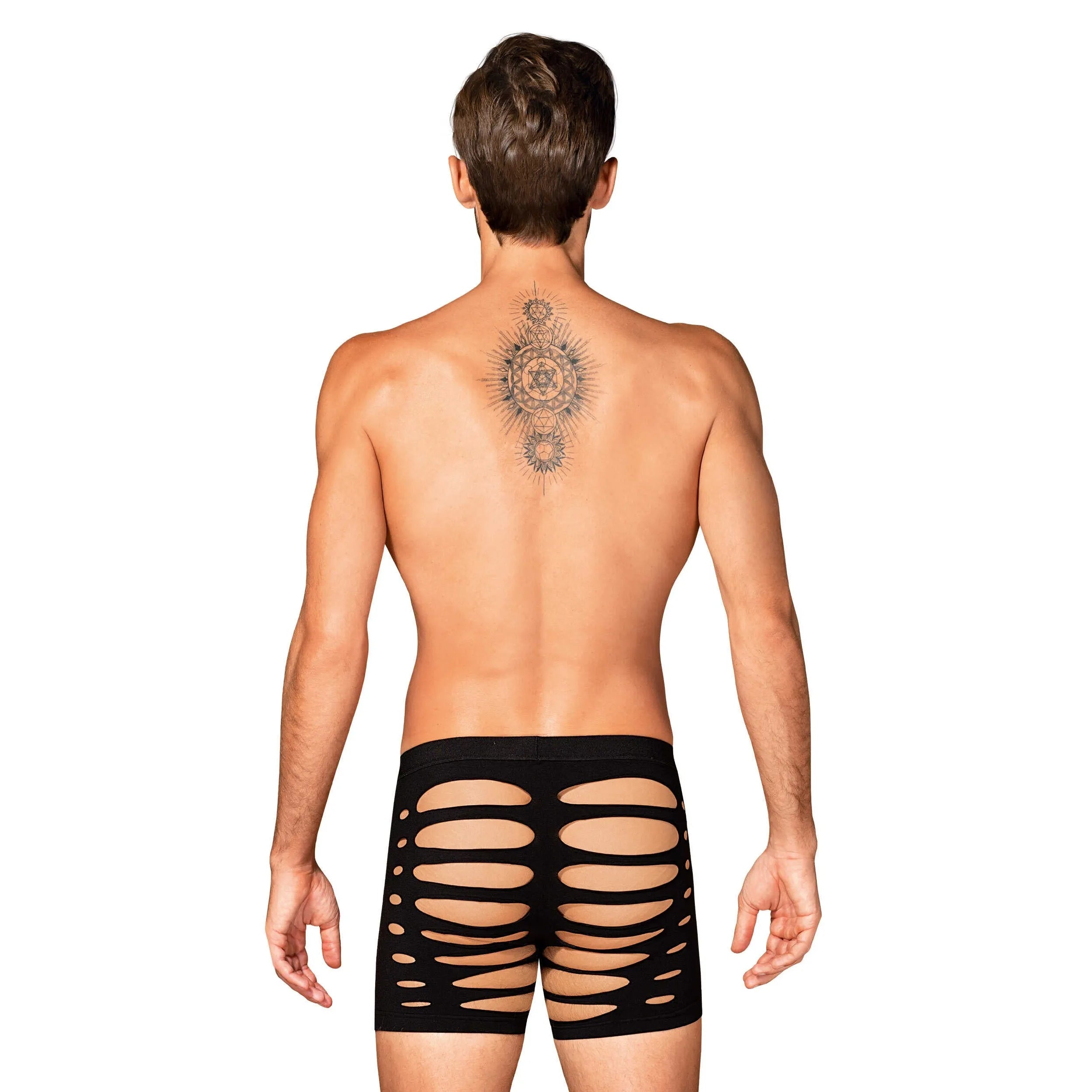 Caleçon noir homme M104, matière élastique, découpes audacieuses, coupe silhouette, confort seconde peau, dos visible.